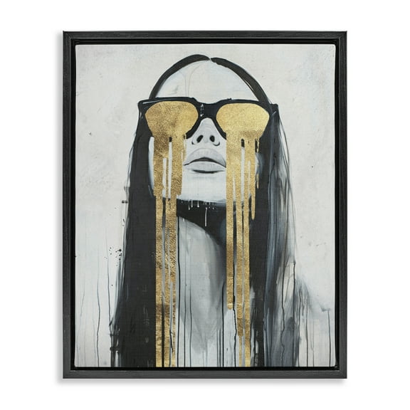 Stupell Industries Golden Tears Glam Girl People Painting Black Floater Framed Canvas Art Print Wall Art, 17 x 21