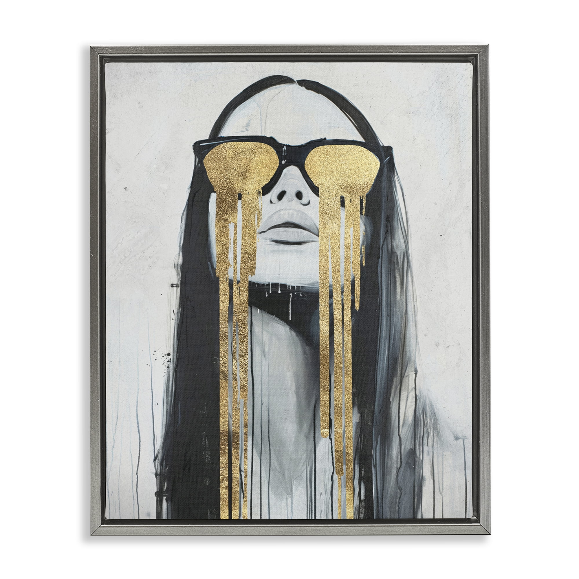 Stupell Industries Golden Tears Glam Girl People Painting Gray Floater Framed Canvas Art Print Wall Art, 17 x 21