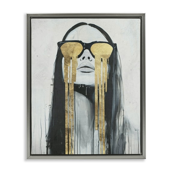 Stupell Industries Golden Tears Glam Girl People Painting Gray Floater Framed Canvas Art Print Wall Art, 17 x 21