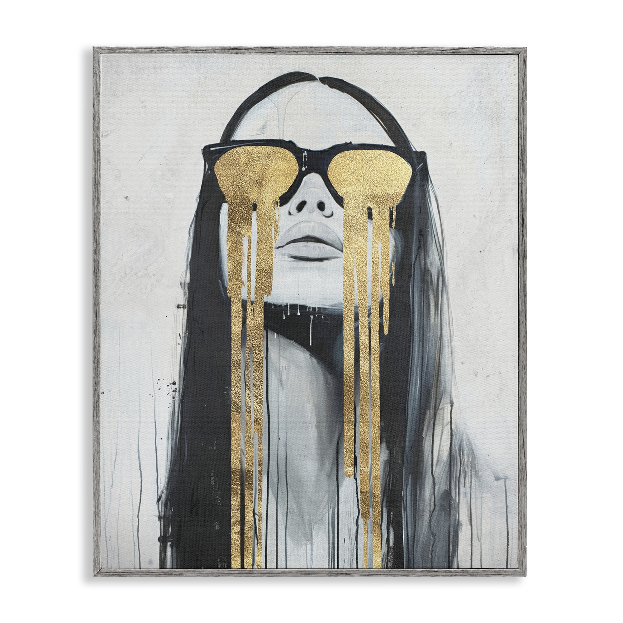 Stupell Industries Golden Tears Glam Girl People Painting Gray Framed Art Print Wall Art, 16 x 20