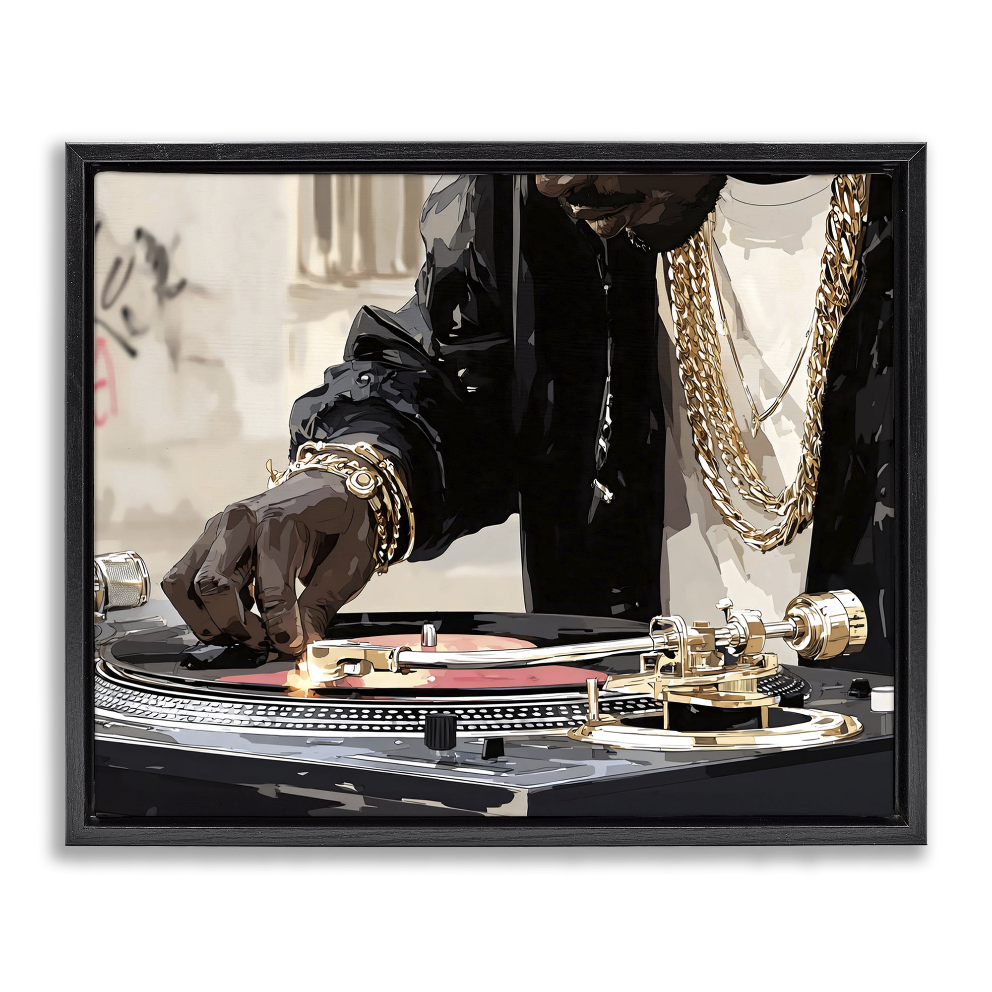 Stupell Industries Golden Touch on DJ's Turntable Black Framed Floater Canvas Wall Art, design by Franklyn Gregory