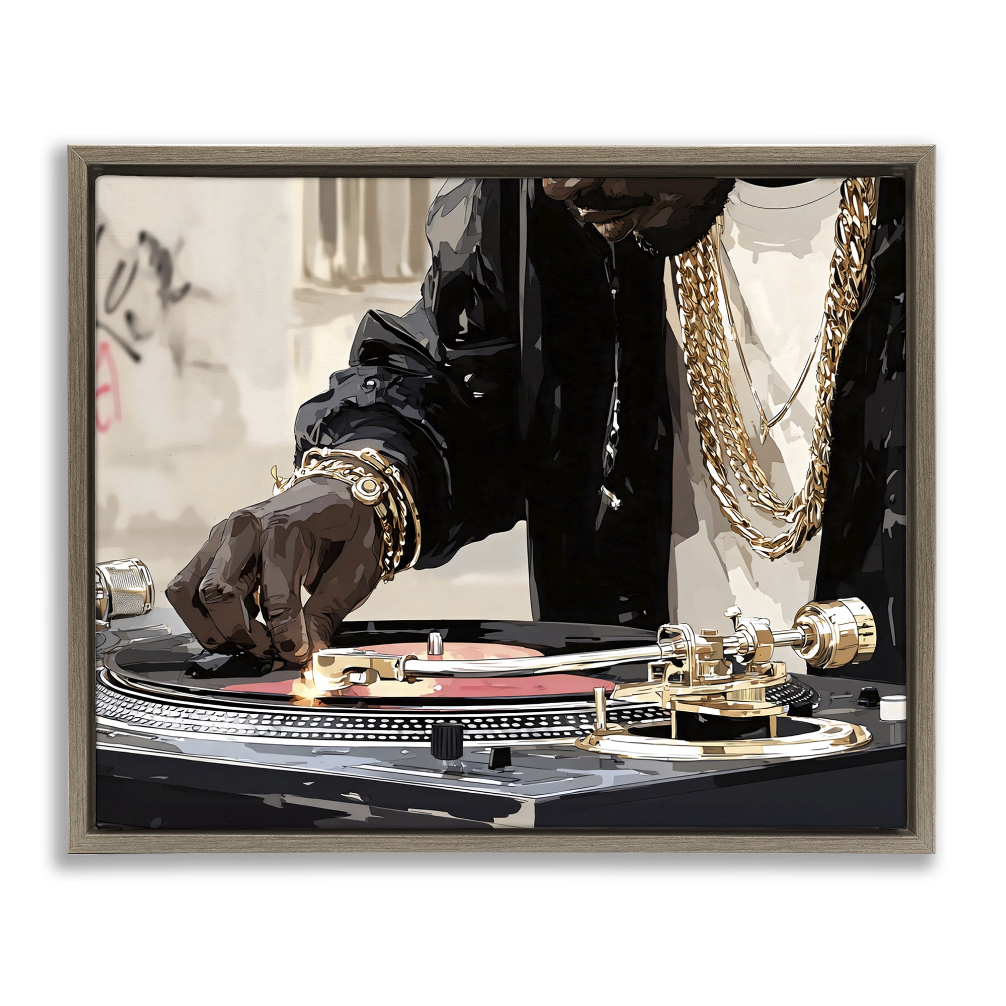 Stupell Industries Golden Touch on DJ's Turntable Brown Framed Floater Canvas Wall Art, design by Franklyn Gregory