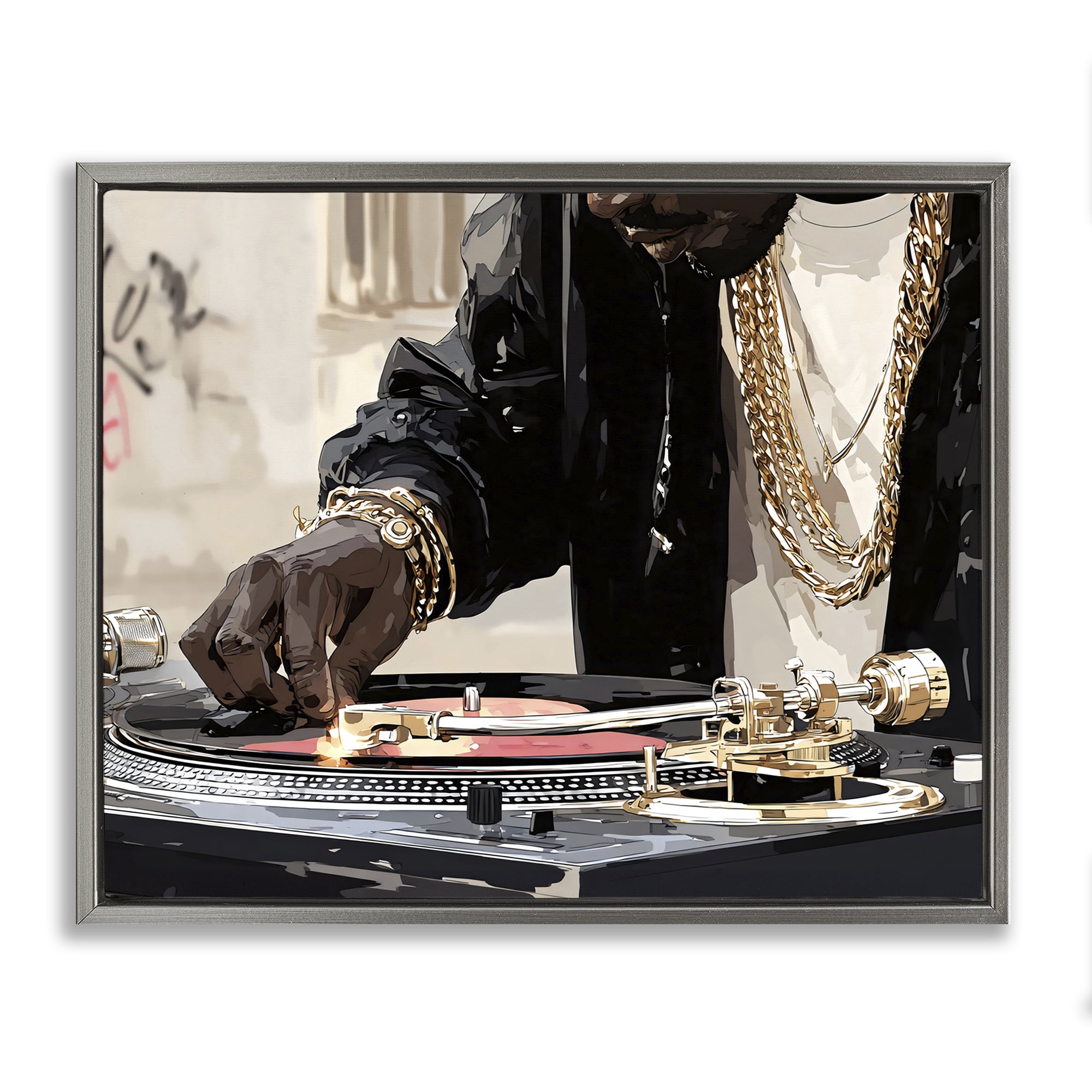 Stupell Industries Golden Touch on DJ's Turntable Gray Framed Floater Canvas Wall Art, design by Franklyn Gregory