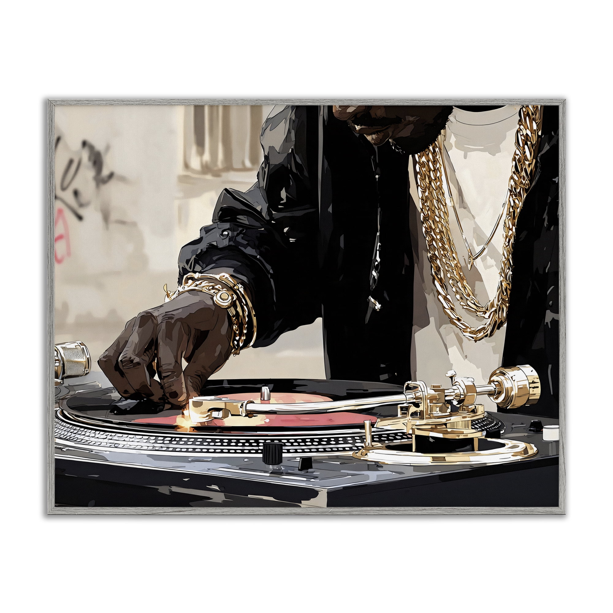 Stupell Industries Golden Touch on DJ's Turntable Gray Framed Giclee Art, design by Franklyn Gregory
