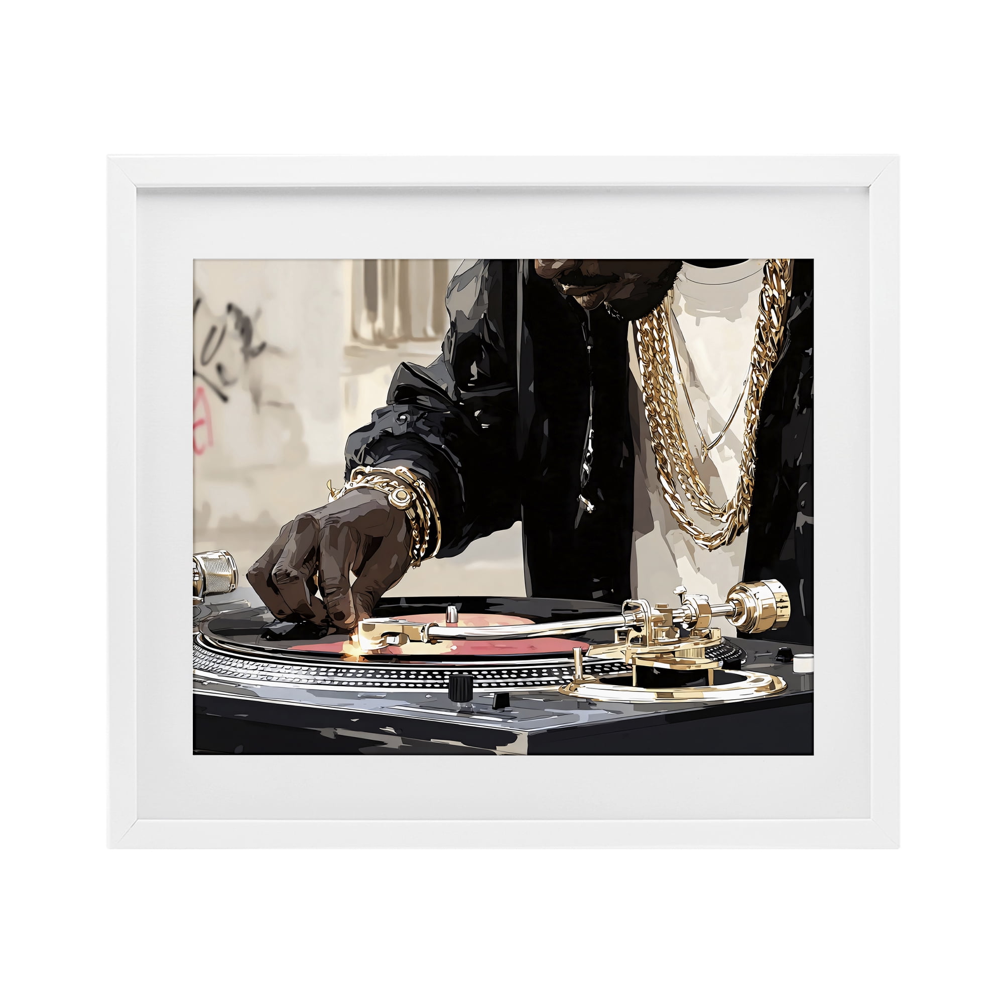 Stupell Industries Golden Touch on DJ's Turntable White Framed Print Under Glass, design by Franklyn Gregory