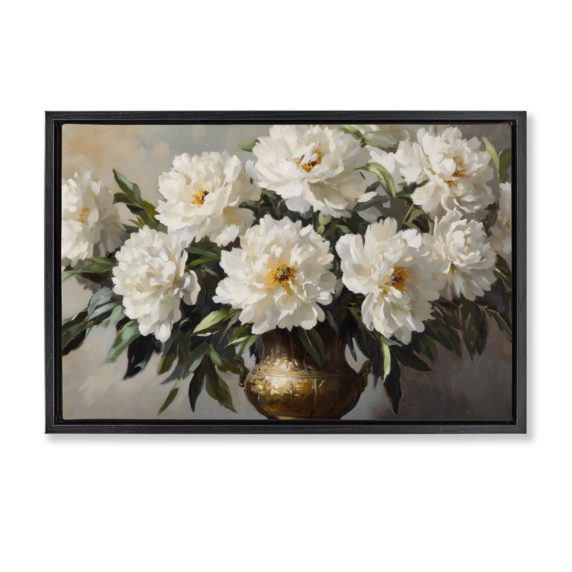 Stupell Industries Golden Vase with Peonies Black Framed Floater Canvas Wall Art, design by Petal Prints Design