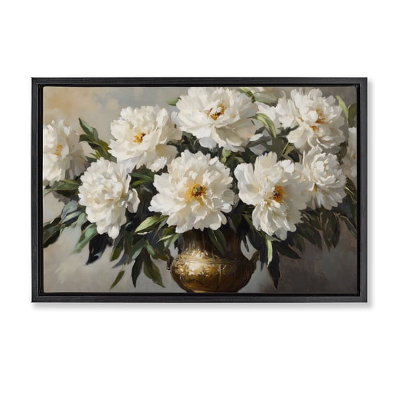 Stupell Industries French Country Golden Vase with Peonies Black Floating Frame Canvas Art, 25 x 17, by Petals Prints Design