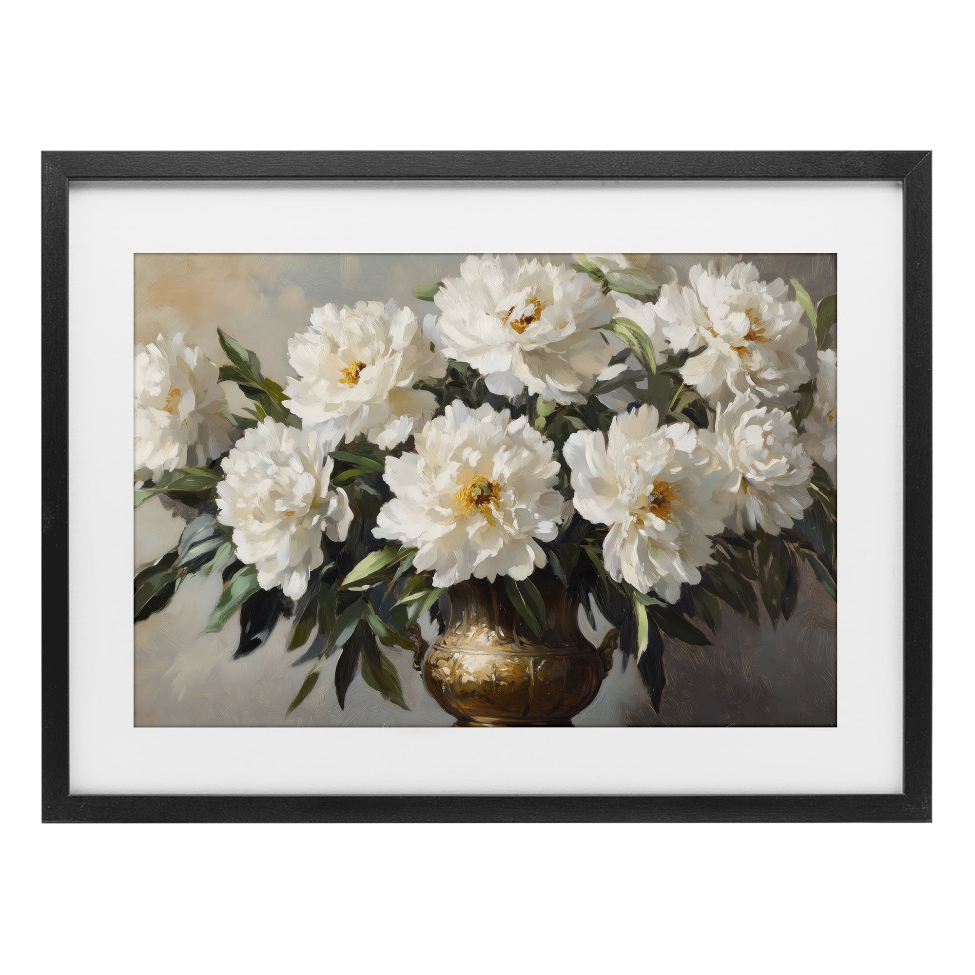 Stupell Industries Golden Vase with Peonies Black Framed Print Under Glass, design by Petal Prints Design
