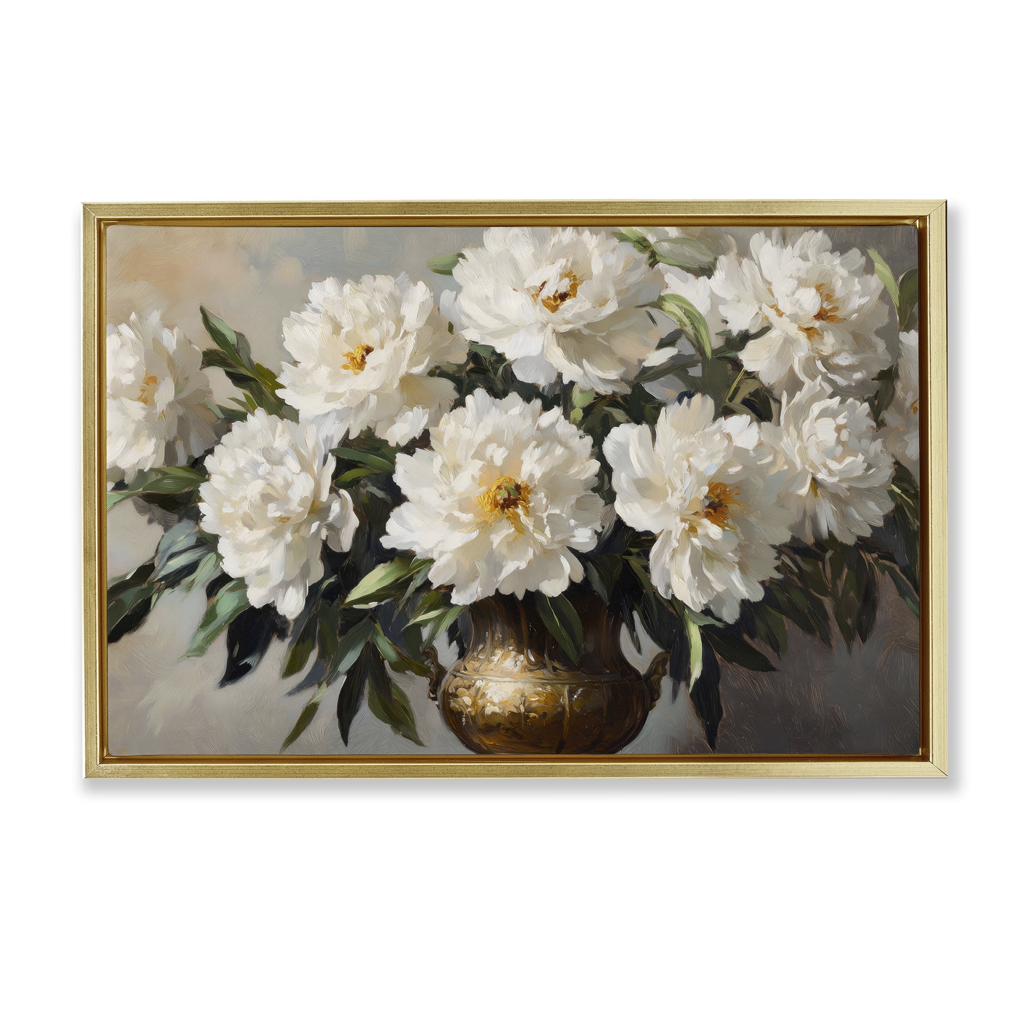 Stupell Industries Golden Vase with Peonies Gold Framed Floater Canvas Wall Art, design by Petal Prints Design