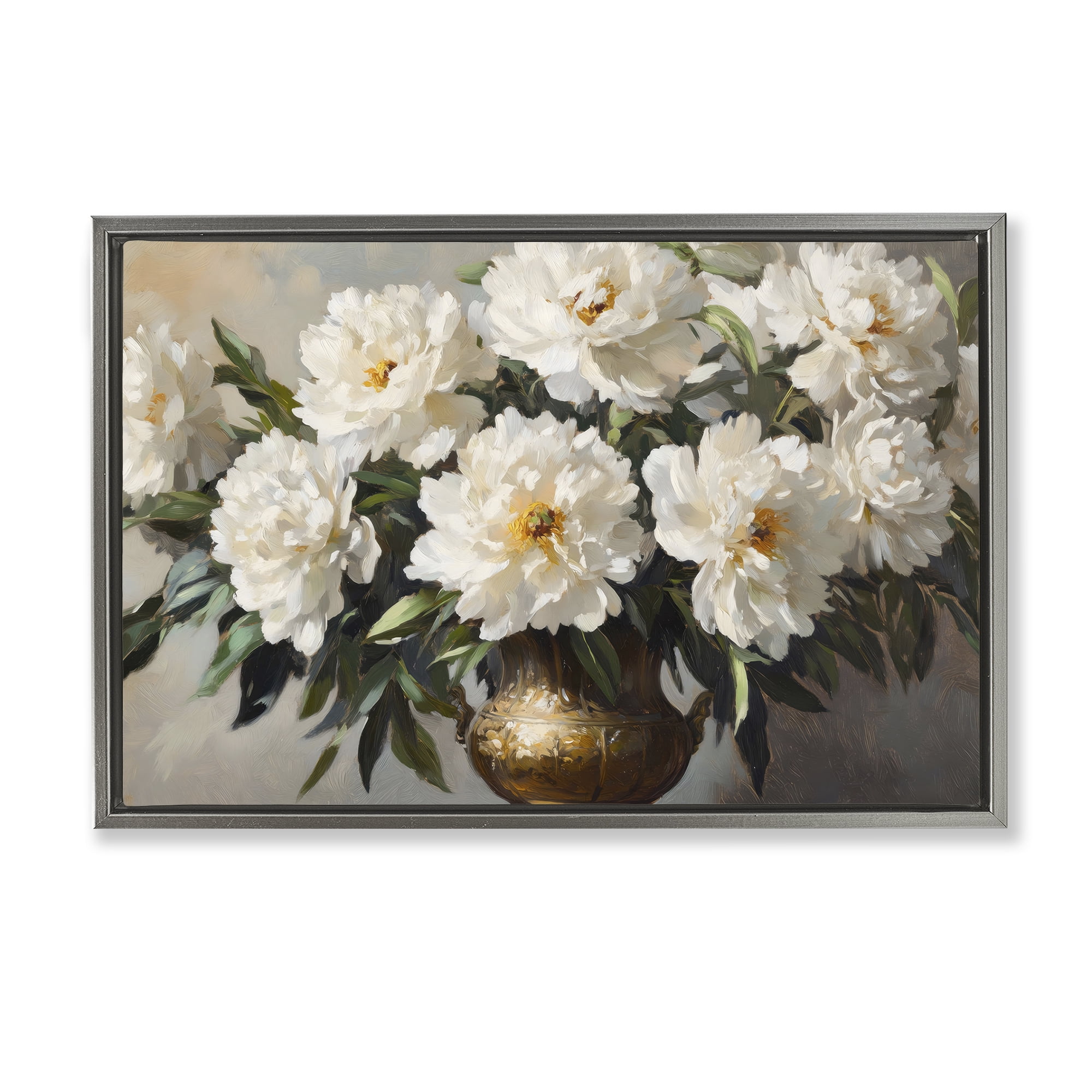 Stupell Industries Golden Vase with Peonies Gray Framed Floater Canvas Wall Art, design by Petal Prints Design