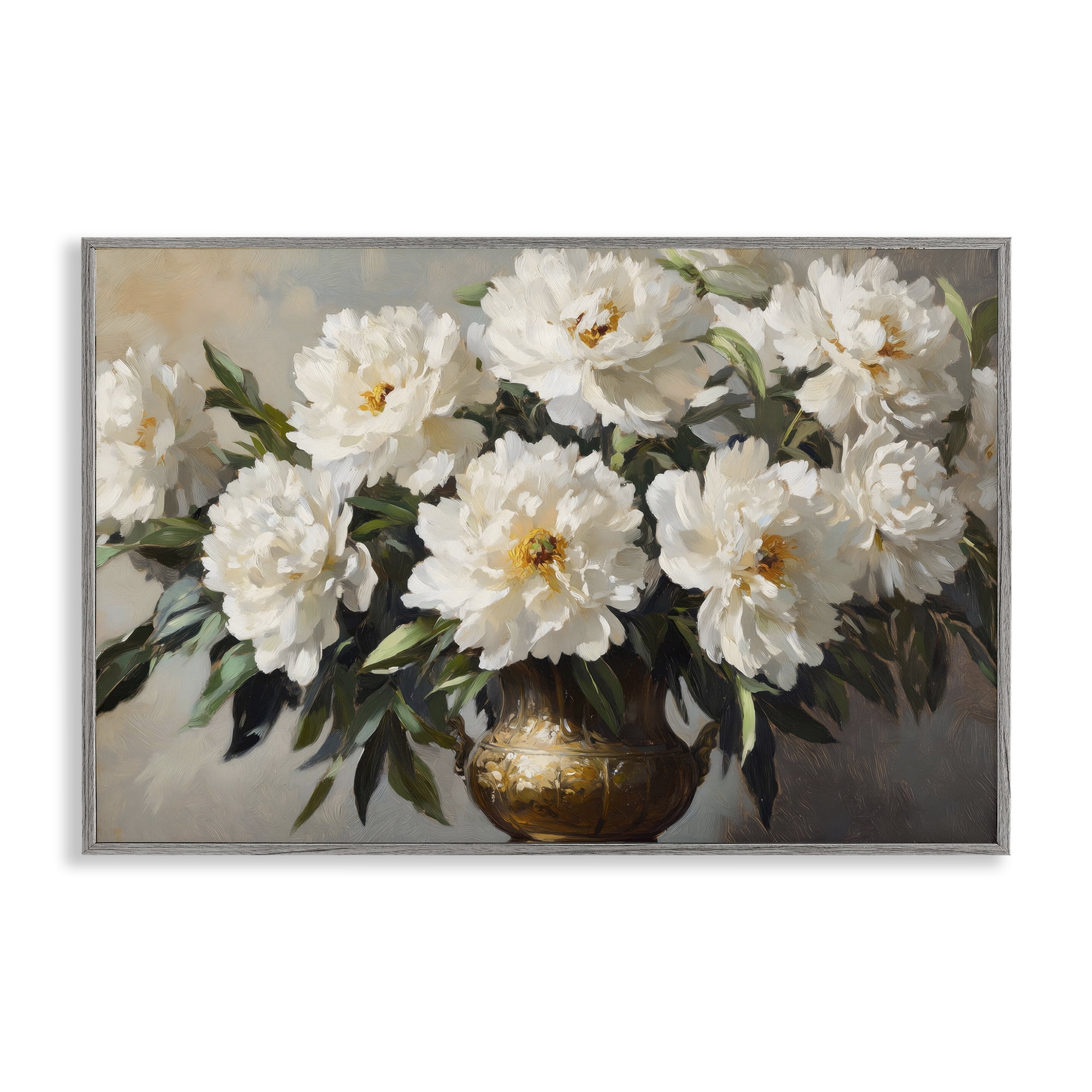Stupell Industries Golden Vase with Peonies Gray Framed Giclee Art, design by Petal Prints Design