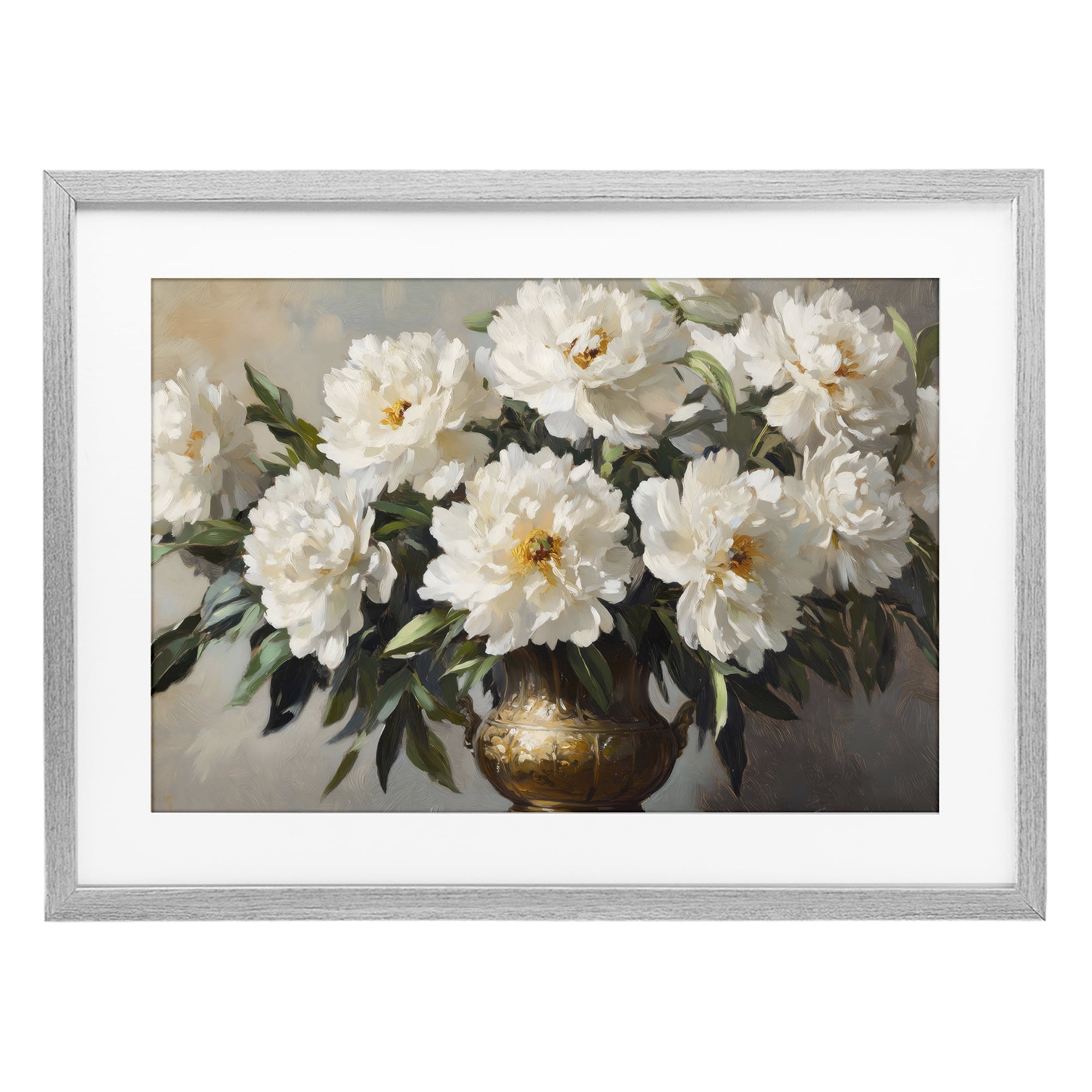 Stupell Industries Golden Vase with Peonies Gray Framed Print Under Glass, design by Petal Prints Design