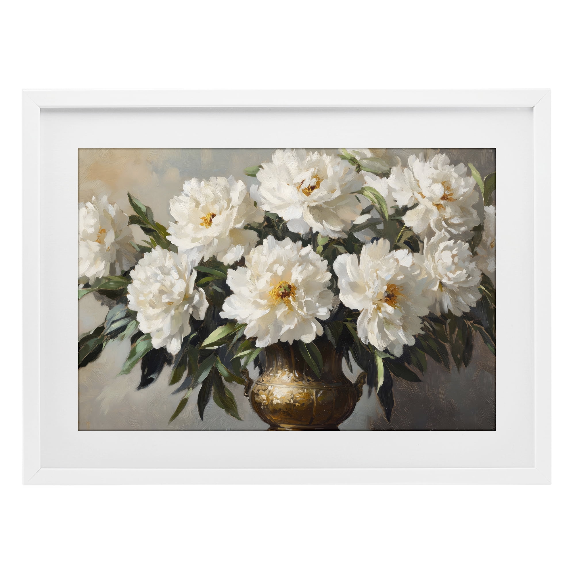Stupell Industries Golden Vase with Peonies White Framed Print Under Glass, design by Petal Prints Design