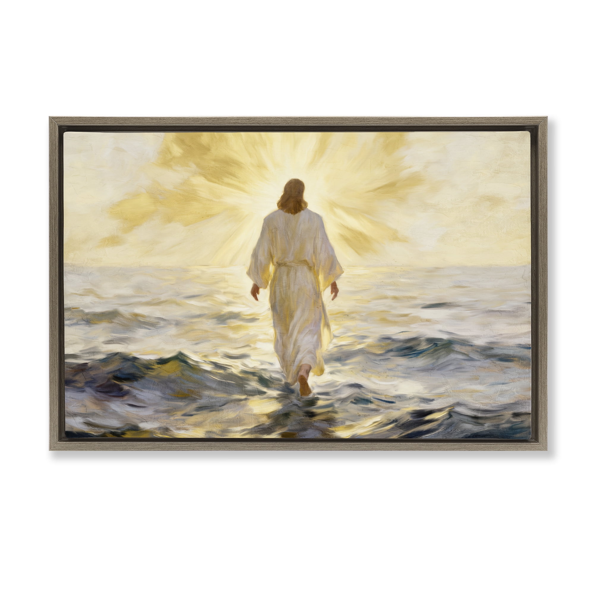 Stupell Industries Golden Walk Spiritual Figure Brown Framed Floater Canvas Wall Art, design by Kim Allen