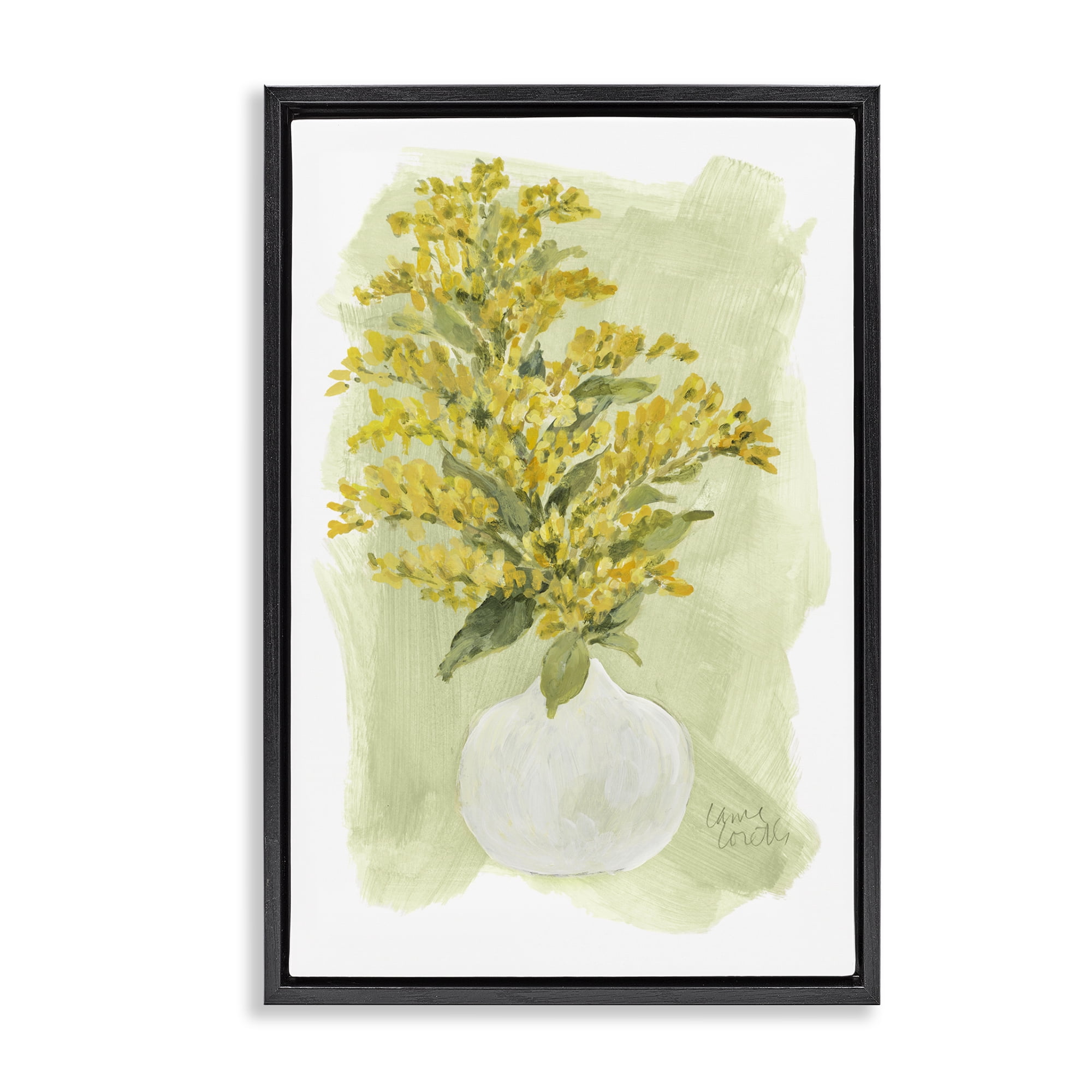 Stupell Industries Goldenrods Bloom White Vase Floral & Botanical Painting Black Floater Framed Canvas Art Print Wall Art, 17 x 25