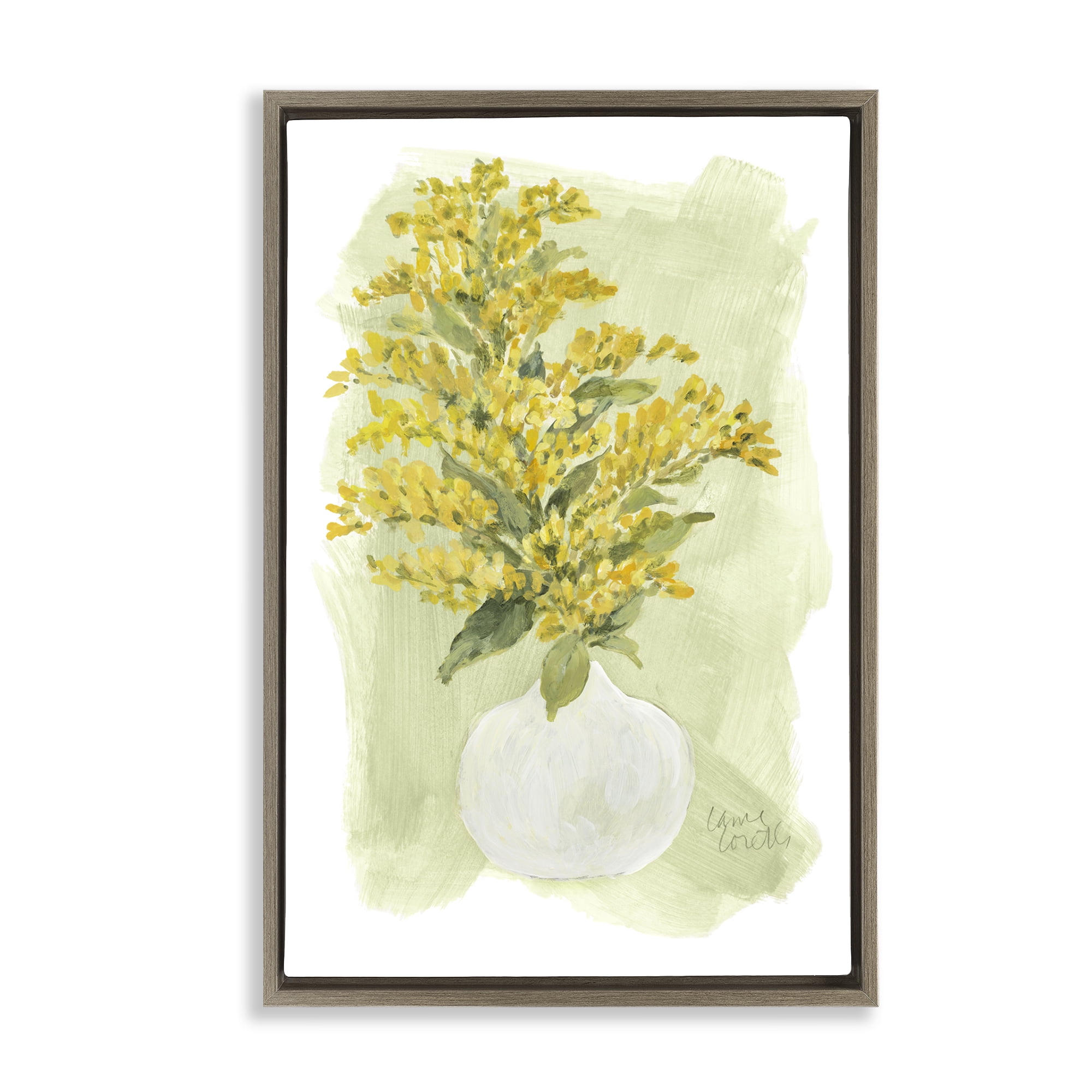 Stupell Industries Goldenrods Bloom White Vase Floral & Botanical Painting Brown Floater Framed Canvas Art Print Wall Art, 21 x 31