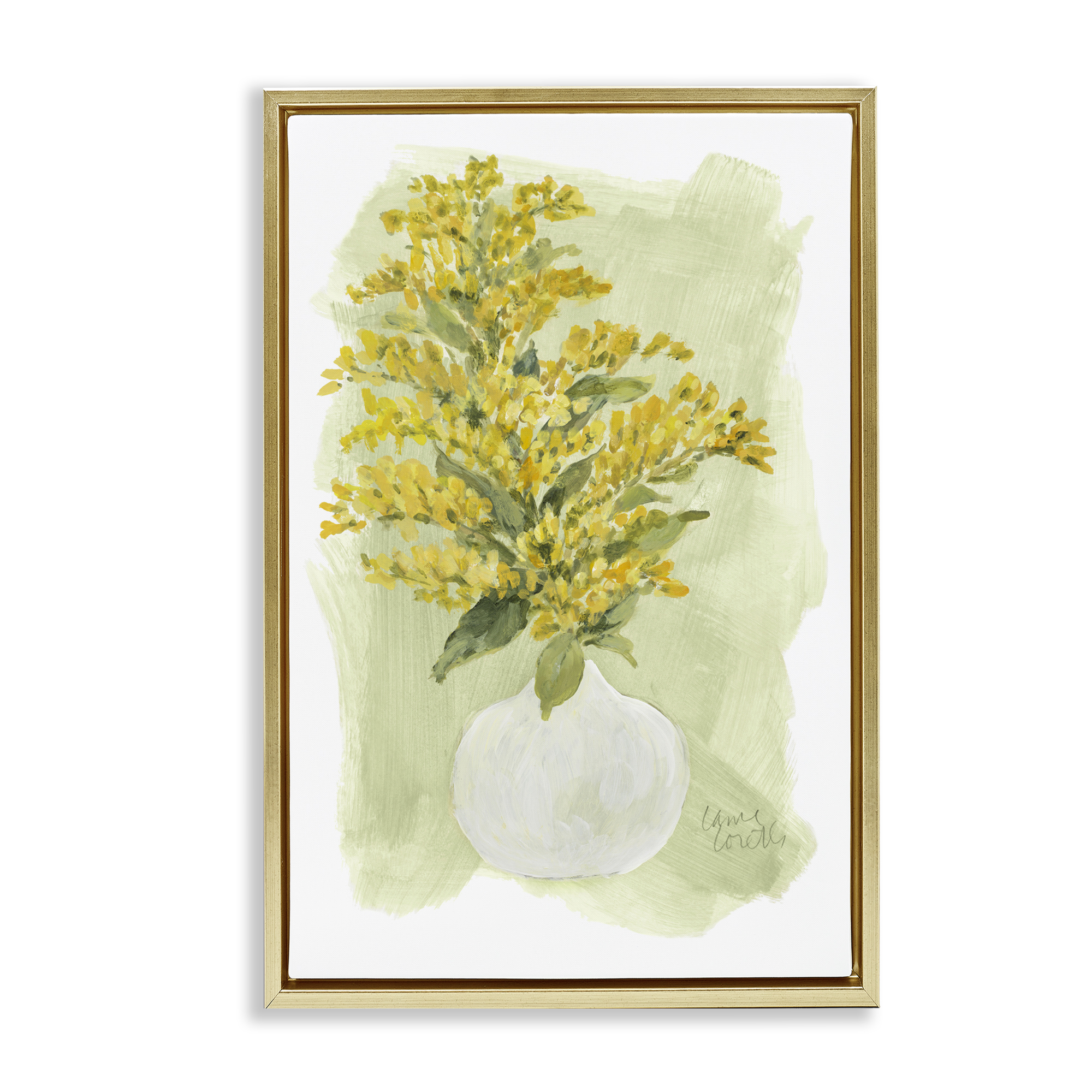 Stupell Industries Goldenrods Bloom White Vase Floral & Botanical Painting Gold Floater Framed Canvas Art Print Wall Art, 21 x 31