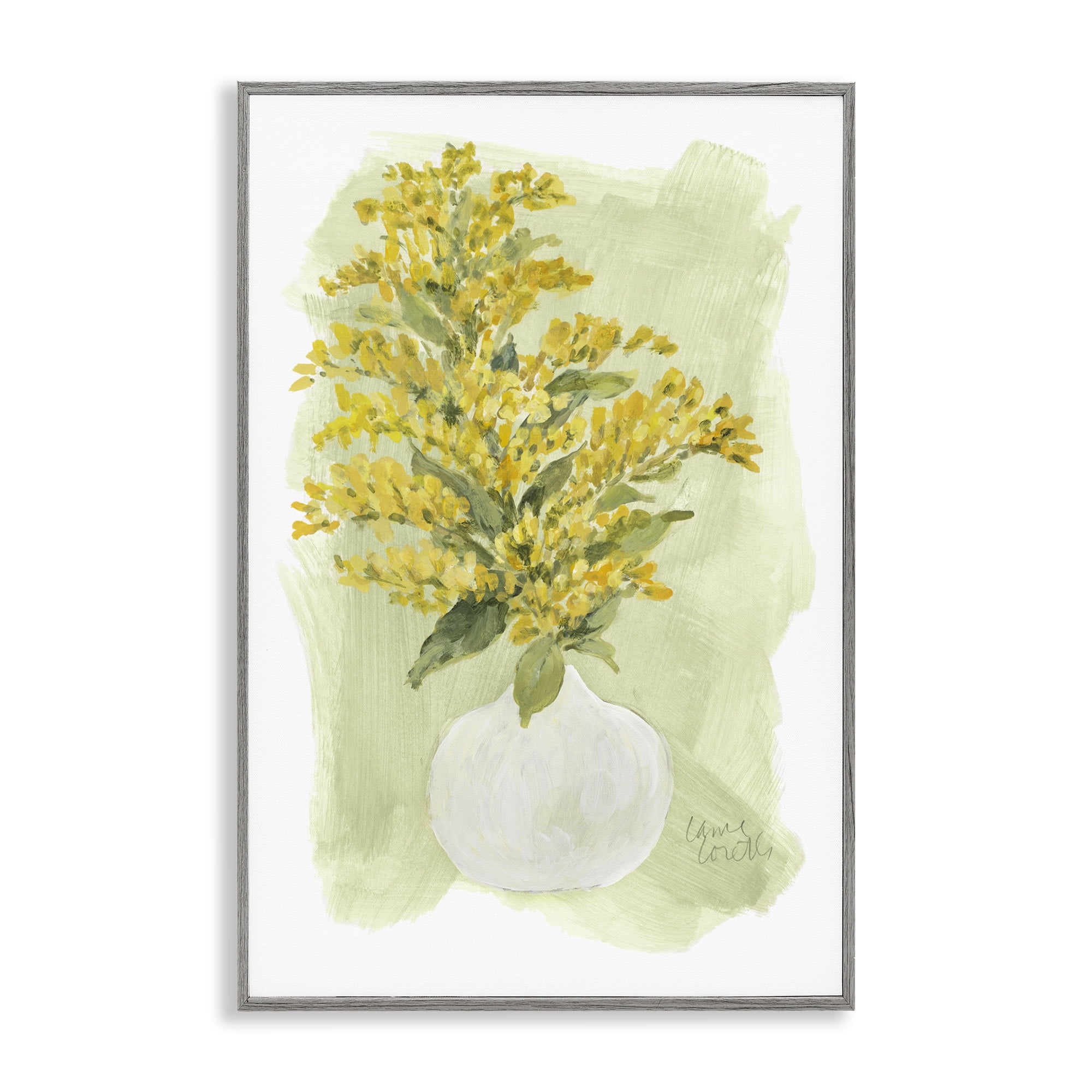 Stupell Industries Goldenrods Bloom White Vase Floral & Botanical Painting Gray Framed Art Print Wall Art, 20 x 30