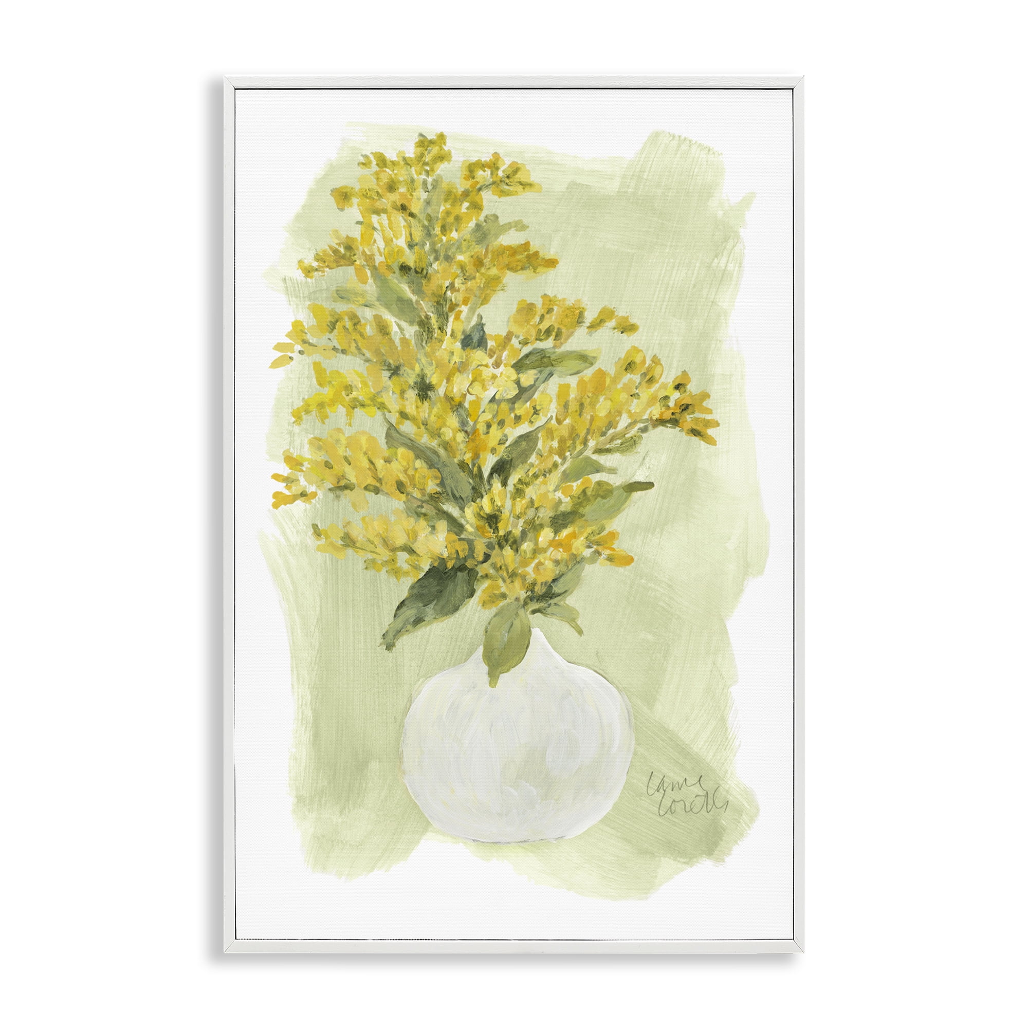 Stupell Industries Goldenrods Bloom White Vase Floral & Botanical Painting White Framed Art Print Wall Art, 12 x 18