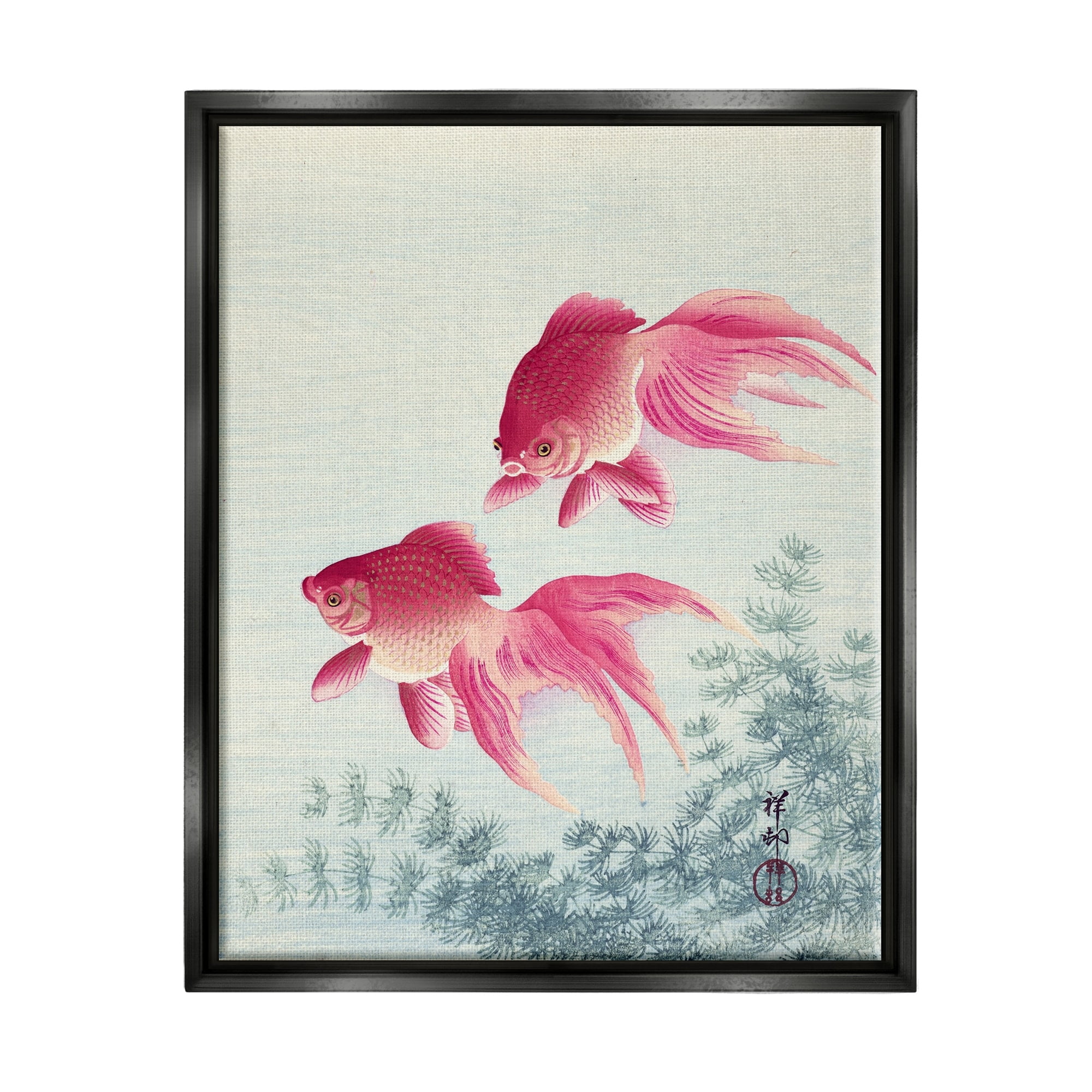 Stupell Industries Goldfish Ohara Koson Traditional Painting Fish Portrait Painting Jet Black Floating Framed Canvas Print Wall Art, Design by one1000paintings