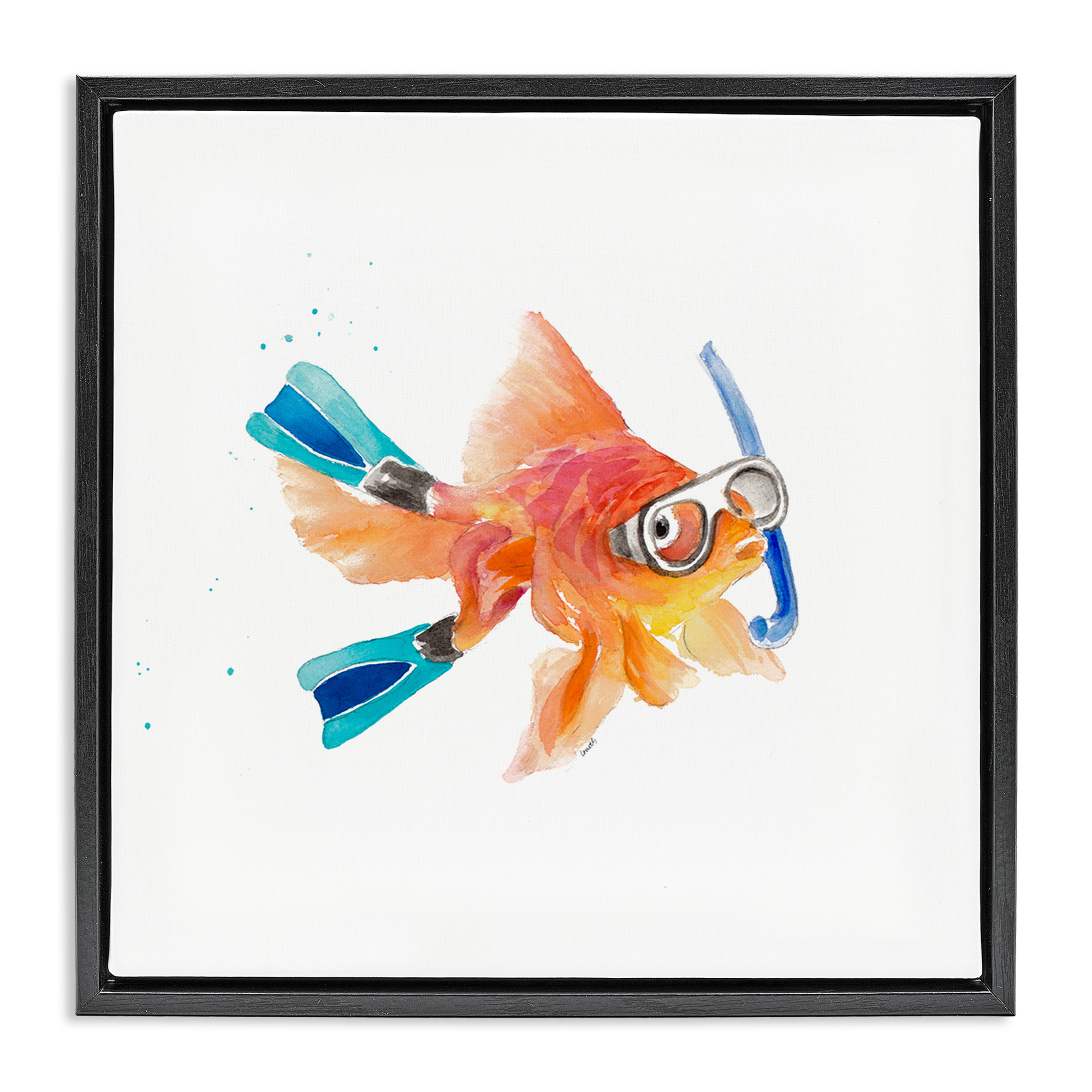 Stupell Industries Goldfish Pet Snorkel Gear Animals & Insects Painting Black Floater Framed Canvas Art Print Wall Art, 25 x 25