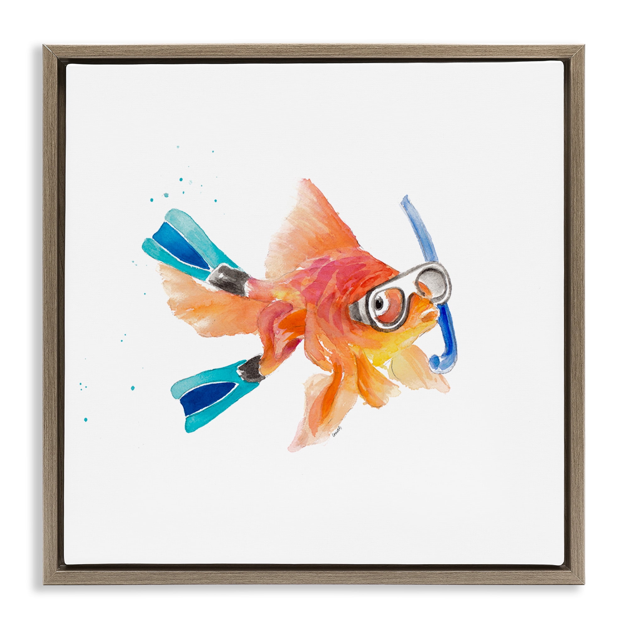 Stupell Industries Goldfish Pet Snorkel Gear Animals & Insects Painting Brown Floater Framed Canvas Art Print Wall Art, 25 x 25