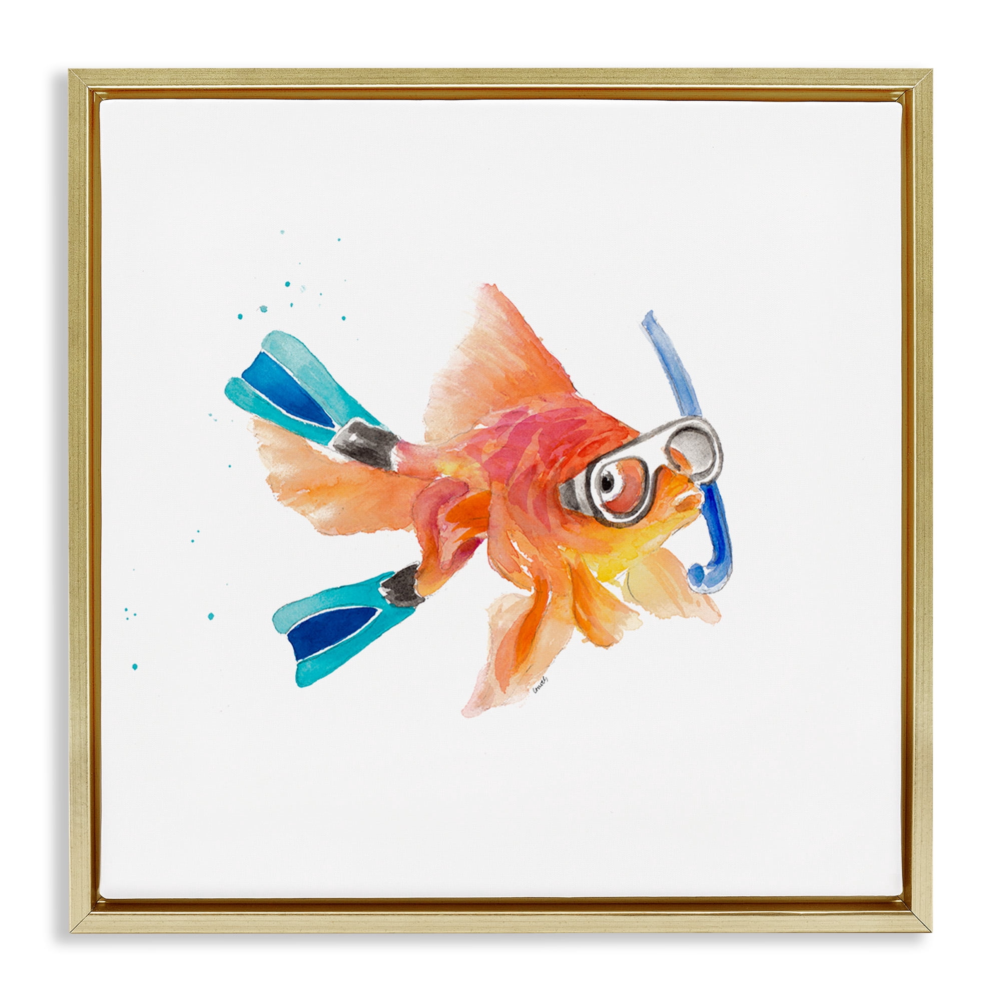 Stupell Industries Goldfish Pet Snorkel Gear Animals & Insects Painting Gold Floater Framed Canvas Art Print Wall Art, 18 x 18