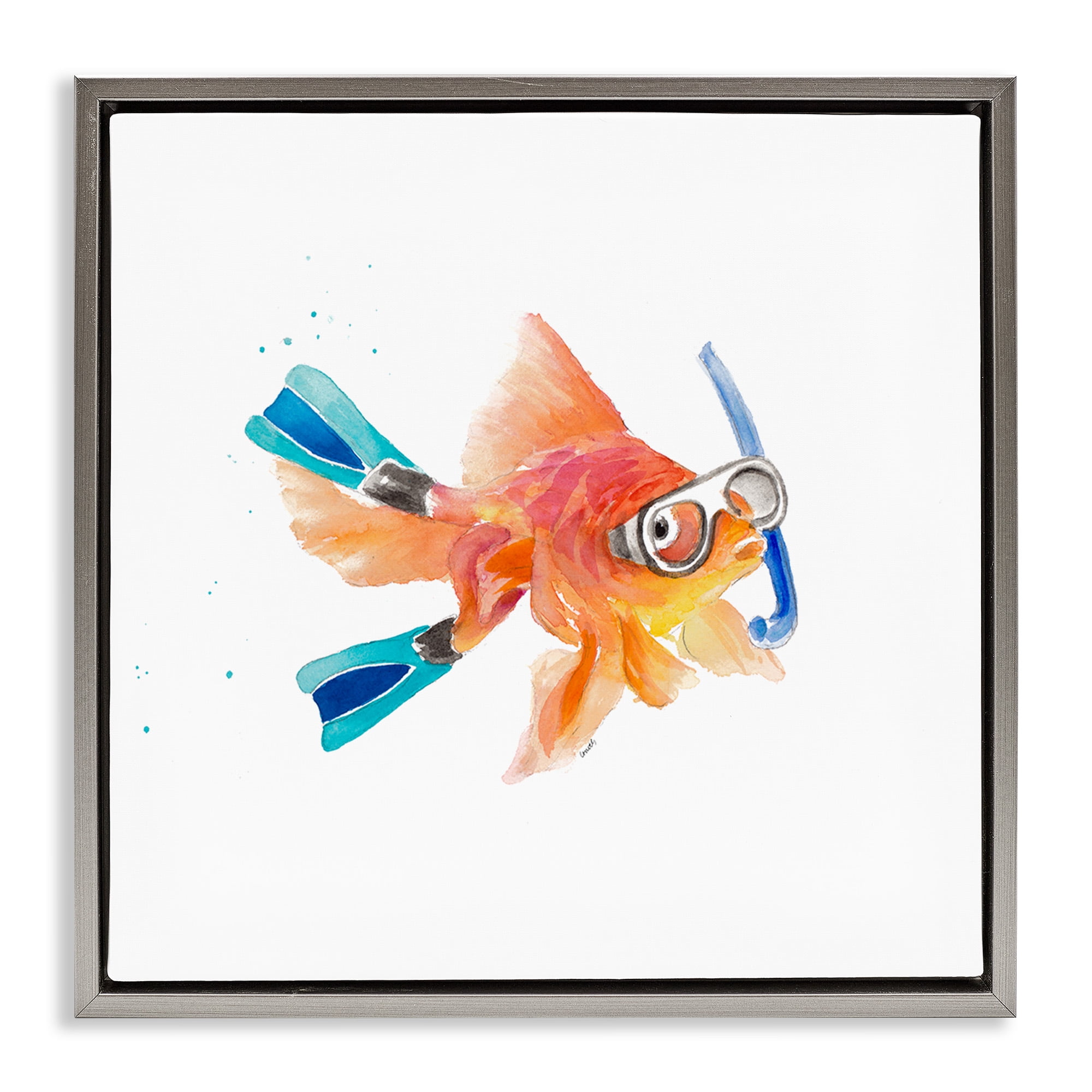 Stupell Industries Goldfish Pet Snorkel Gear Animals & Insects Painting Gray Floater Framed Canvas Art Print Wall Art, 25 x 25