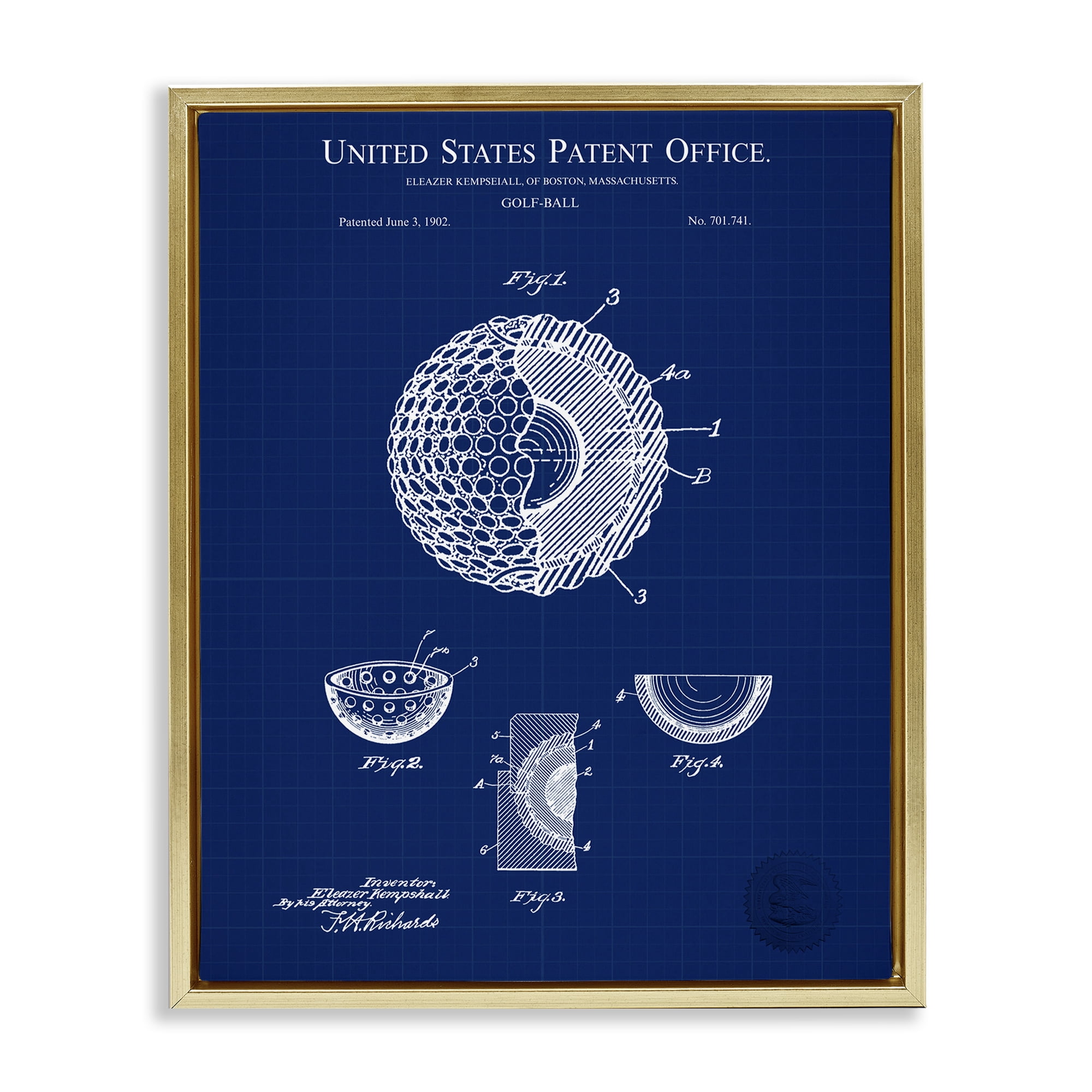 Stupell Industries Golf Ball Blueprint Sports Painting Gold Floater Framed Art Print Wall Art, 25 x 31