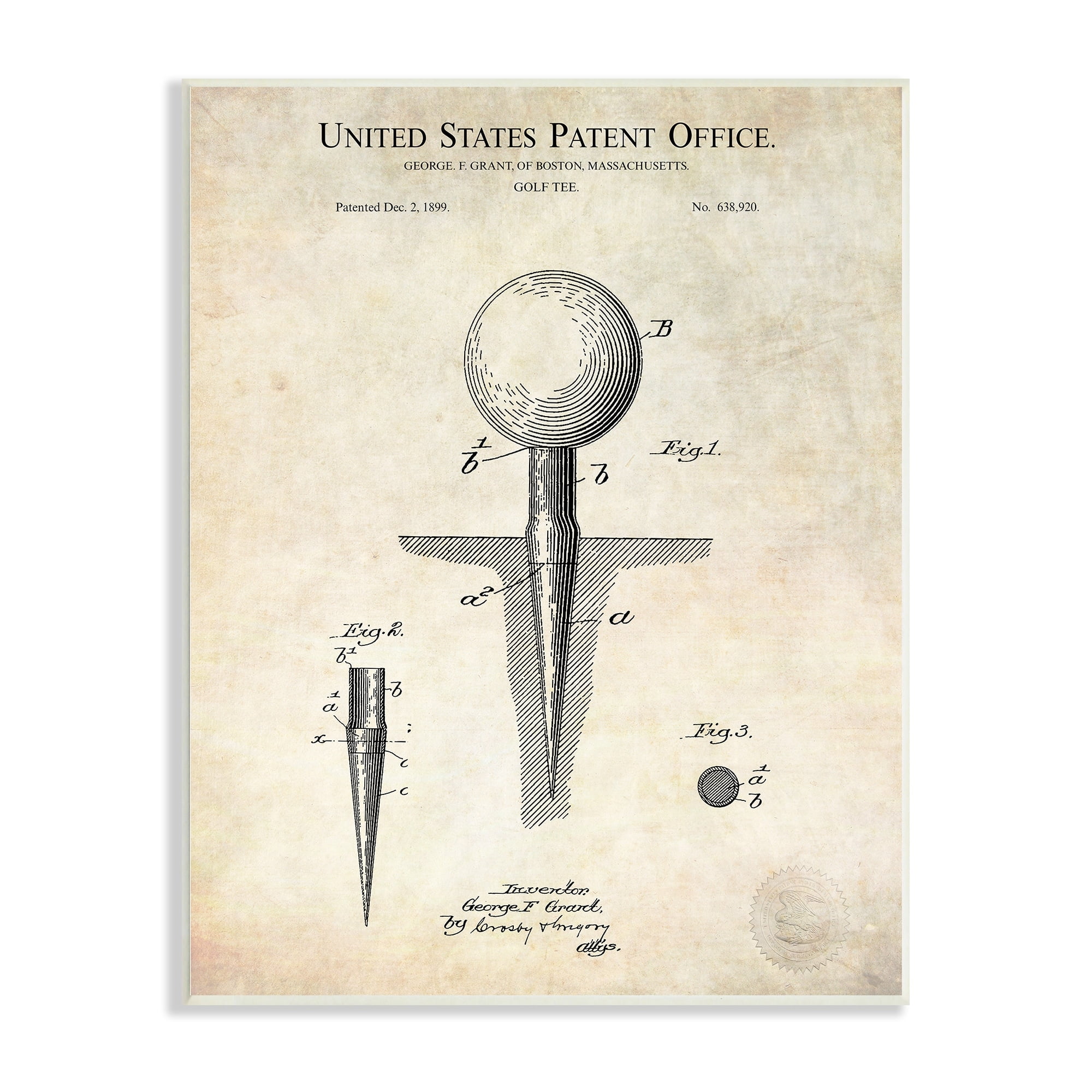 Stupell Industries Golf Ball Tee Patent Blueprint Diagram Outline Wood Wall Art, 10 x 15, Design by Karl Hronek