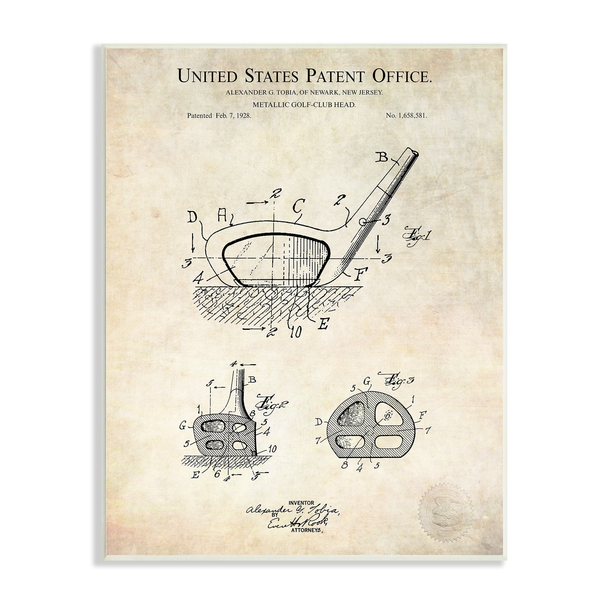 Stupell Industries Golf Club Head Detailed Design Blueprint Patent Wood Wall Art, 10 x 15, Design by Karl Hronek