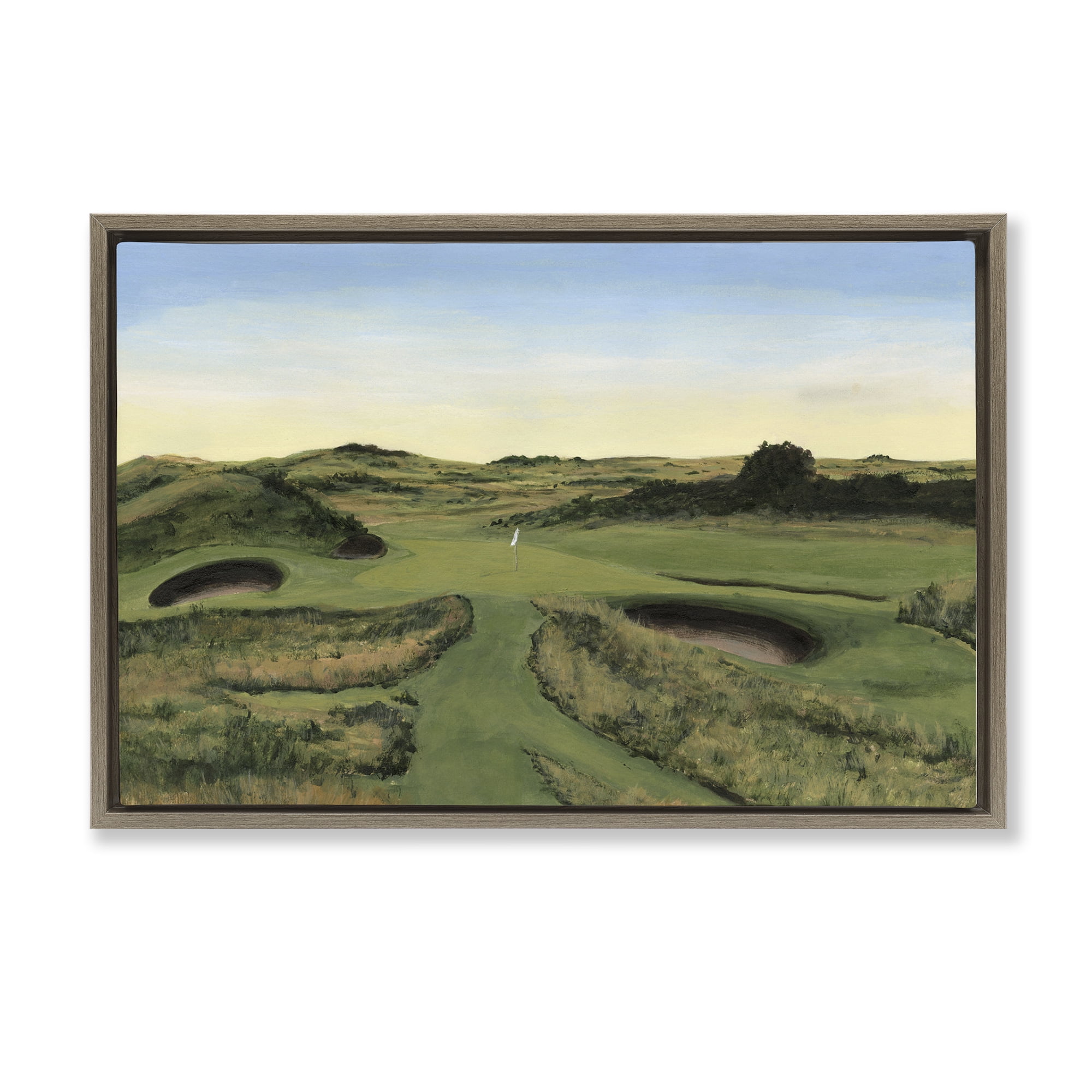 Stupell Industries Golf Field Landscape Landscape Painting Brown Floater Framed Art Print Wall Art, 25 x 17