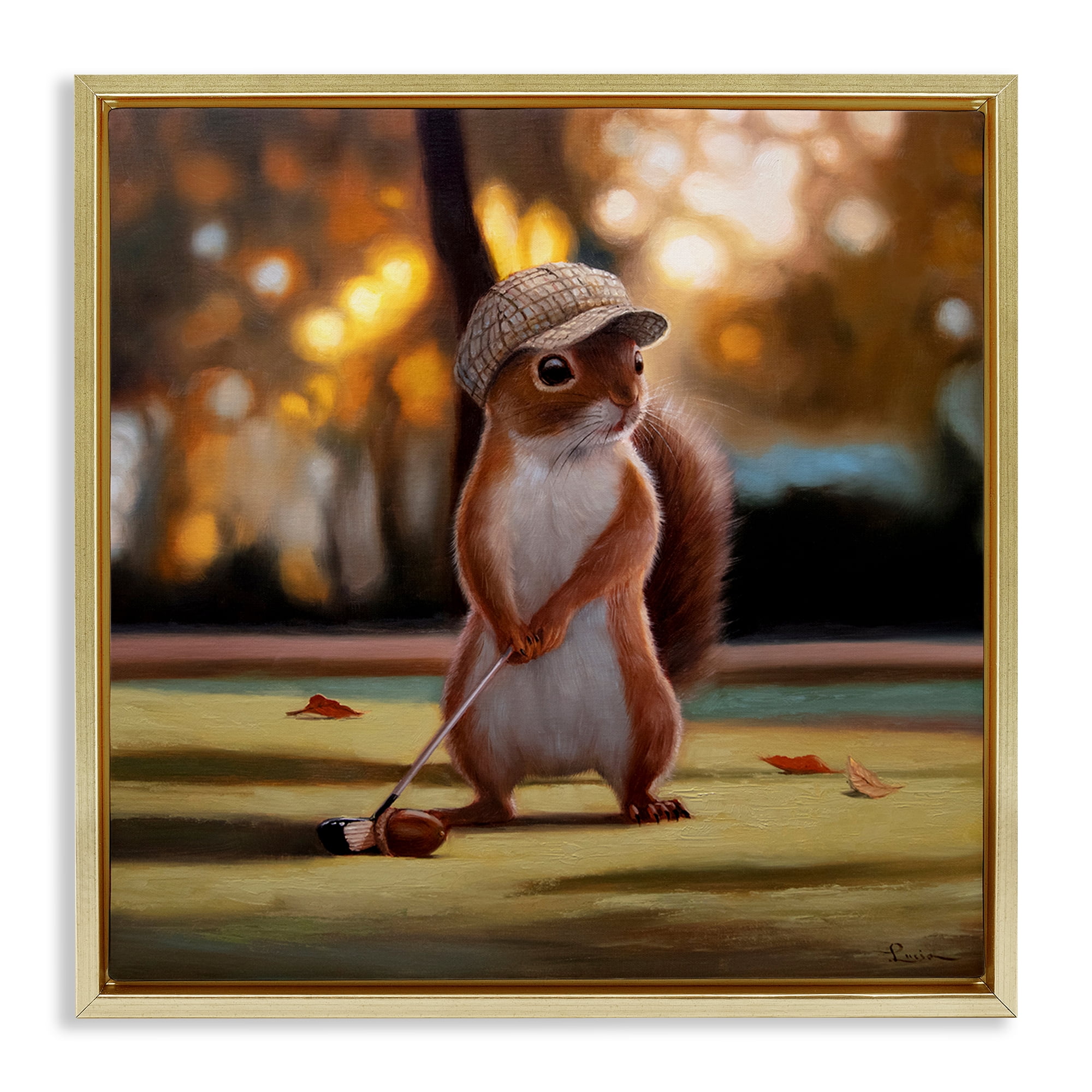 Stupell Industries Golf Nut Squirrel Gold Framed Floater Canvas Wall Art, design by Lucia Heffernan