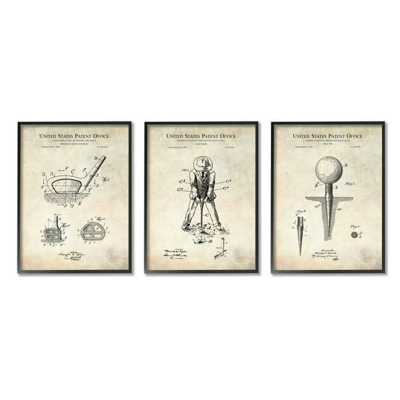 Golf Sport Vintage Patent Club Head and Tee Diagram Typography Graphic Art Framed Art Print Wall Art, Set Of 3