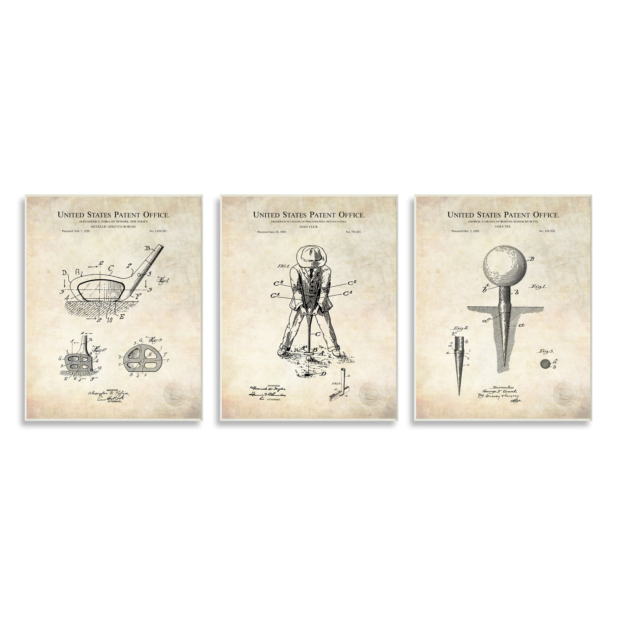 Stupell Industries Golf Sport Vintage Patent Club Head and Tee Diagram Wood Wall Art, 13 x 19, Design by Karl Hronek