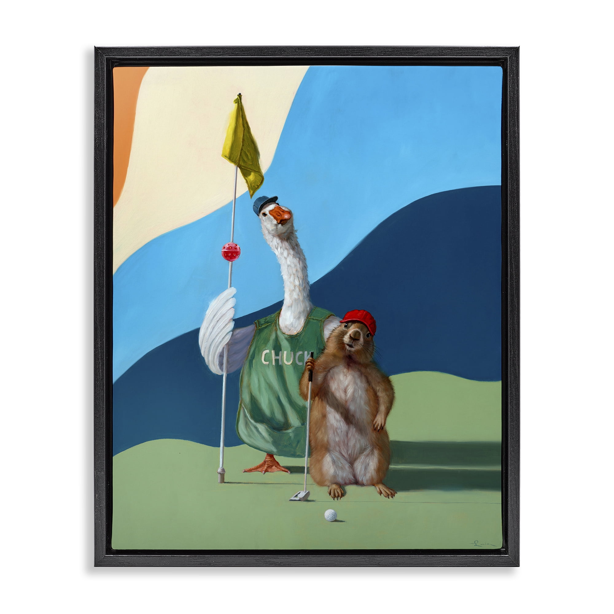 Stupell Industries Golfing Goose & Gopher Sports Painting Black Floater Framed Canvas Art Print Wall Art, 25 x 31