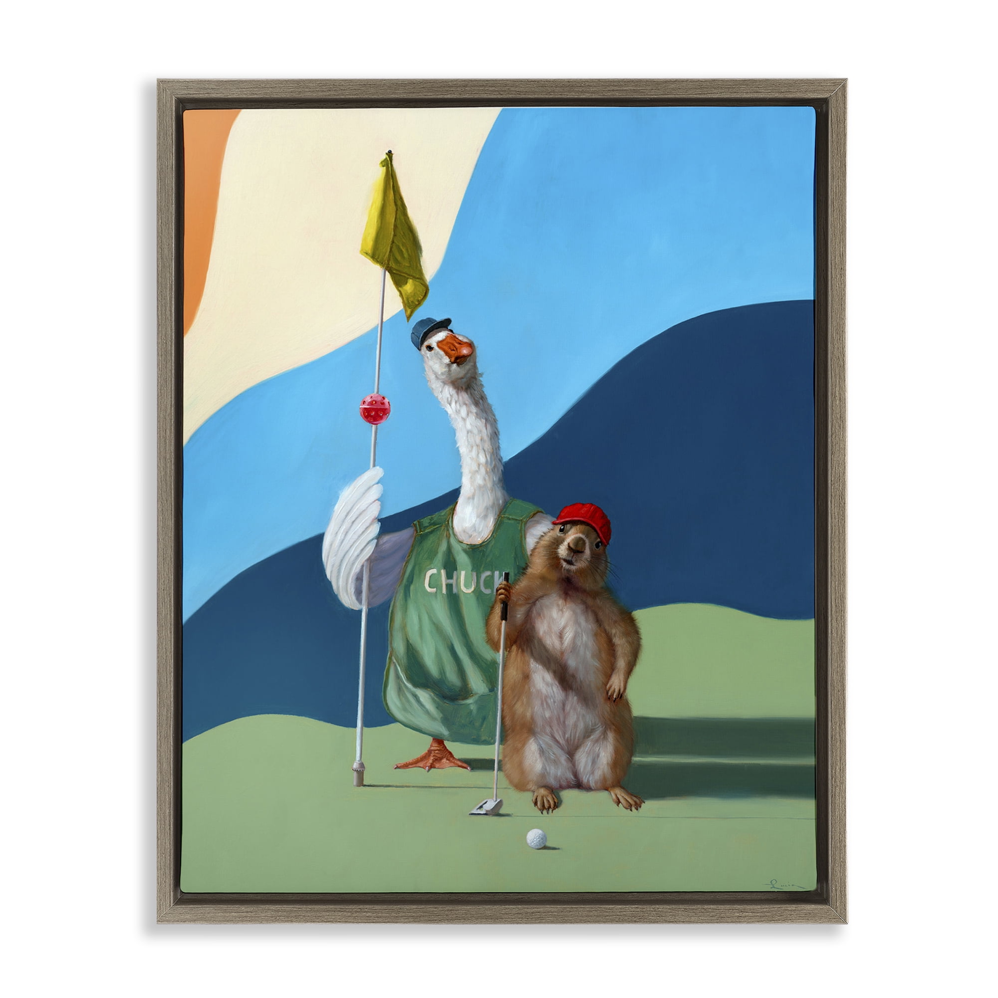 Stupell Industries Golfing Goose & Gopher Sports Painting Brown Floater Framed Canvas Art Print Wall Art, 17 x 21
