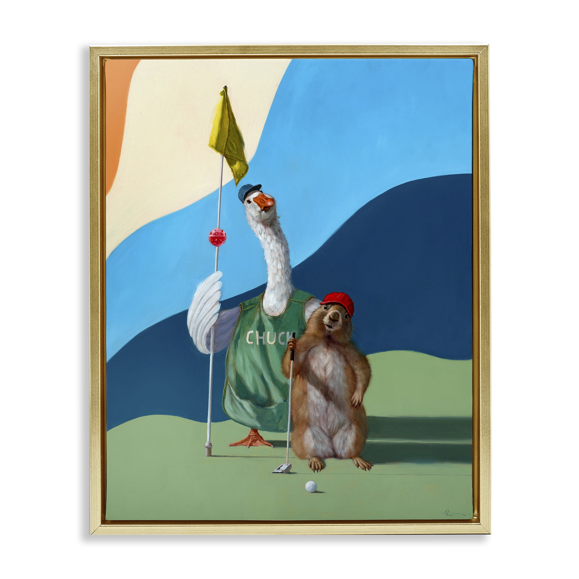 Stupell Industries Golfing Goose & Gopher Sports Painting Gold Floater Framed Canvas Art Print Wall Art, 25 x 31