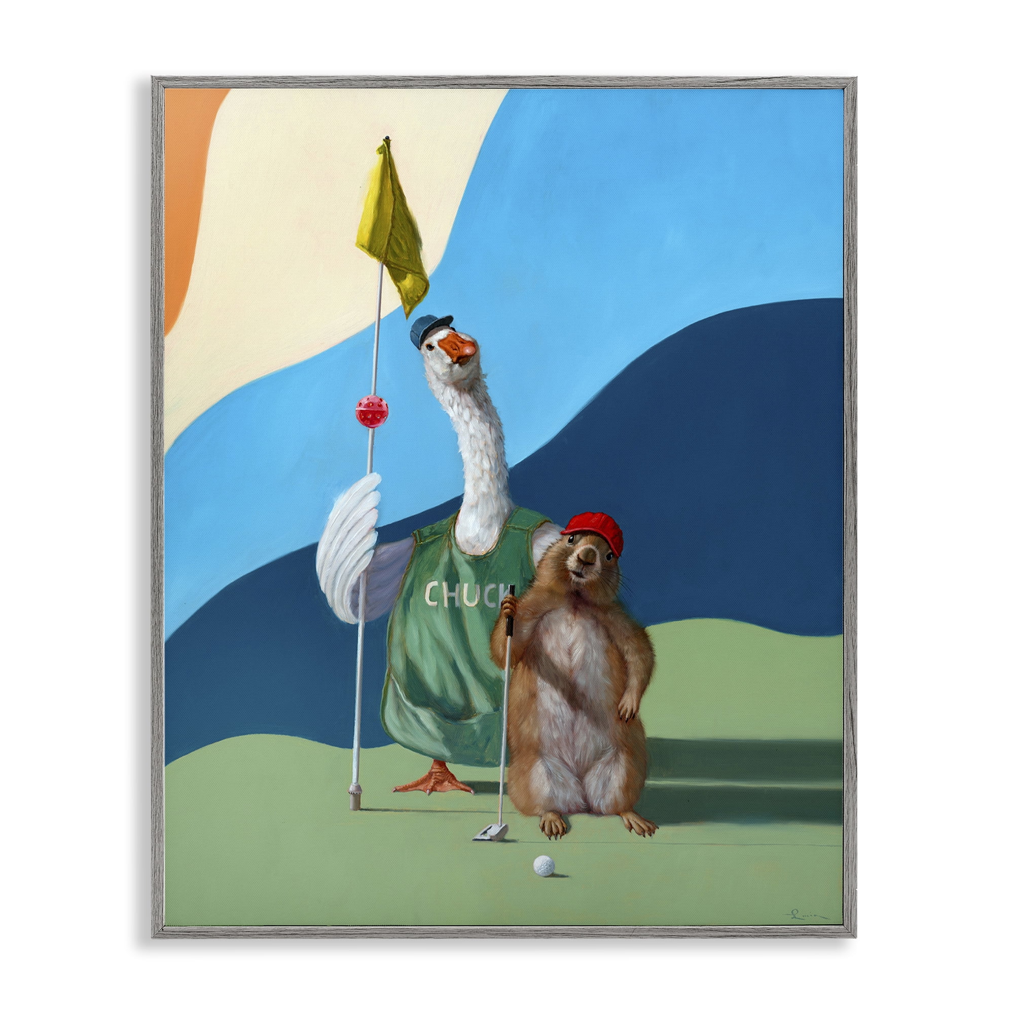 Stupell Industries Golfing Goose & Gopher Sports Painting Gray Framed Art Print Wall Art, 24 x 30