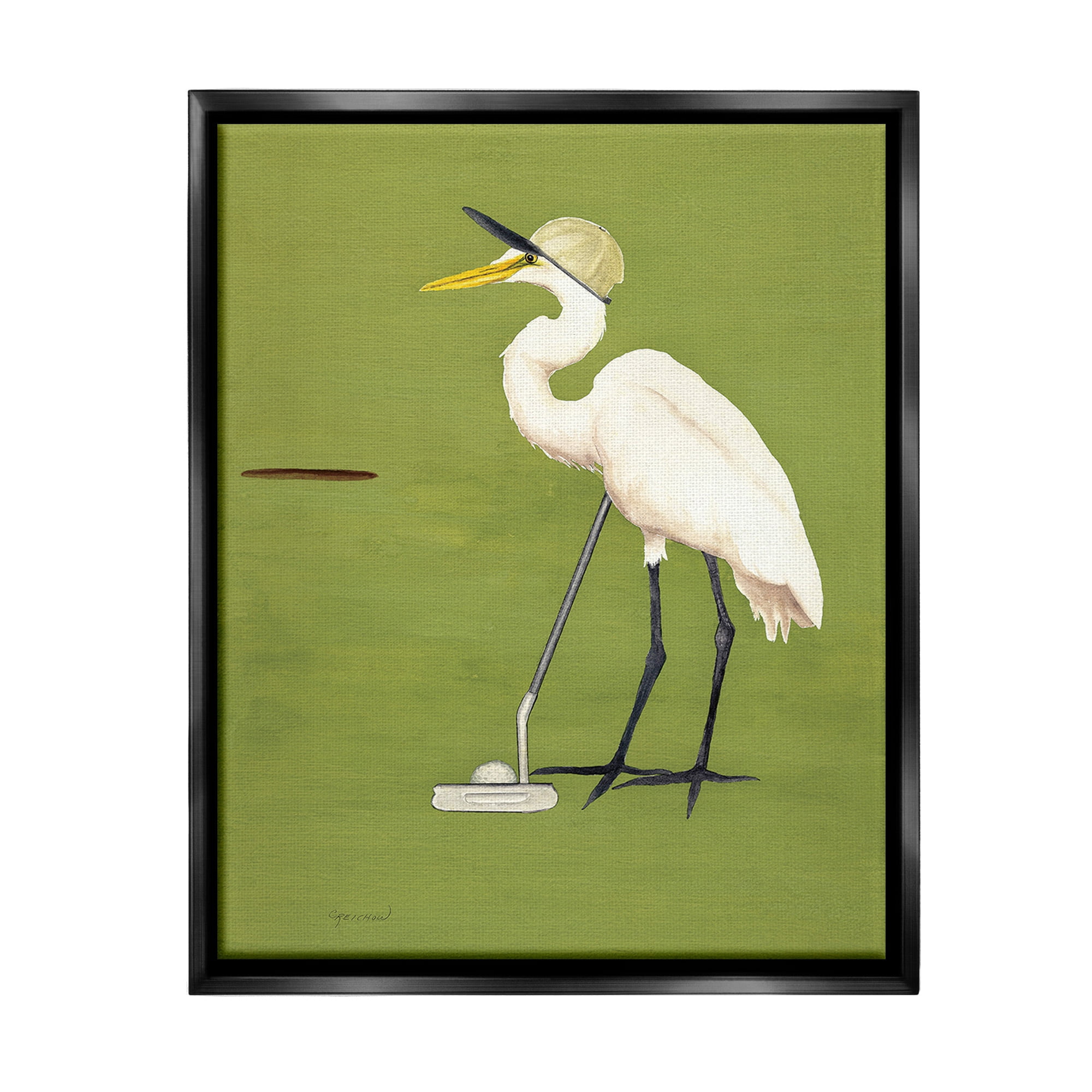 Stupell Industries Golfing Heron Bird Animals & Insects Painting Black Floater Framed Canvas Art Print Wall Art, 25 x 31