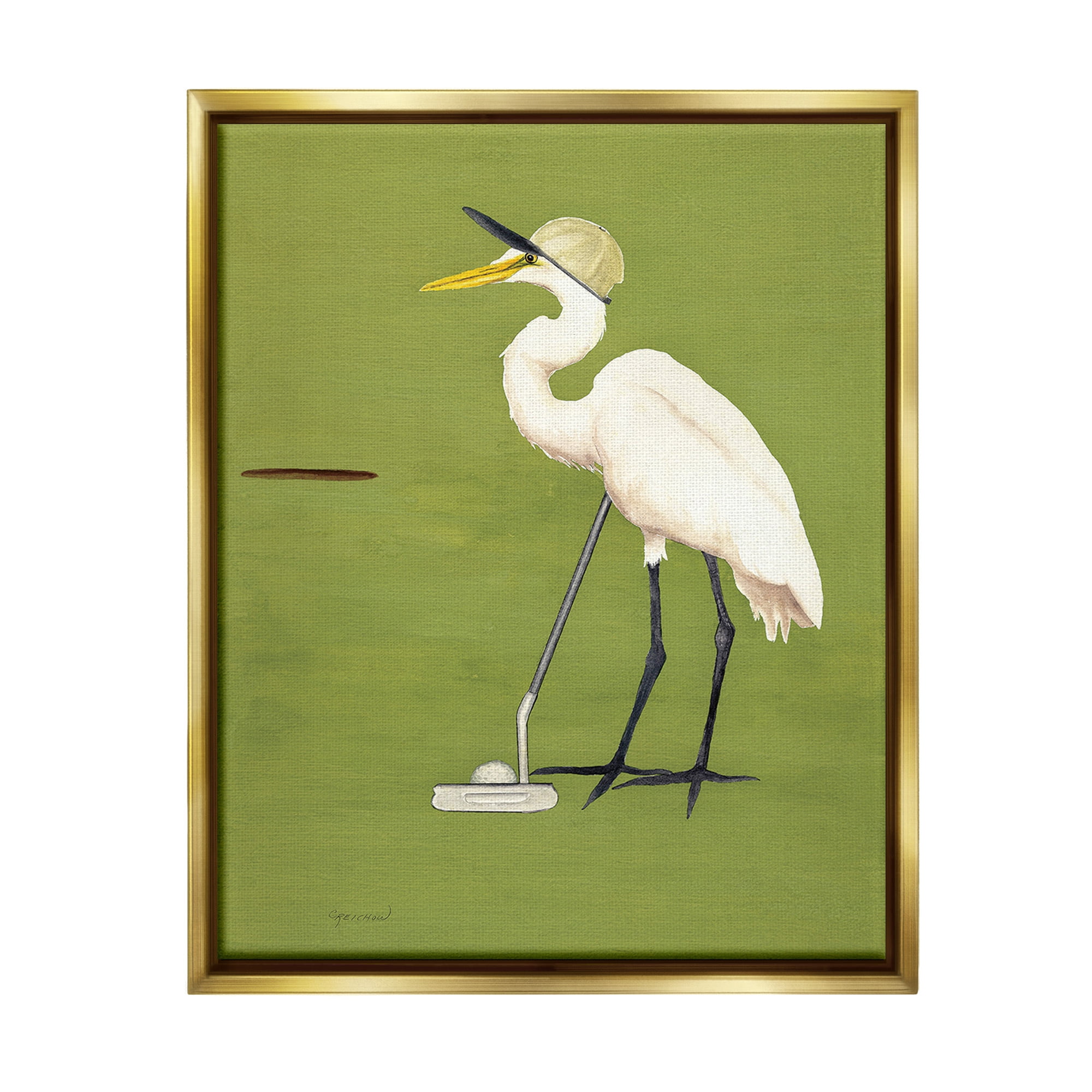 Stupell Industries Golfing Heron Bird Animals & Insects Painting Gold Floater Framed Canvas Art Print Wall Art, 25 x 31