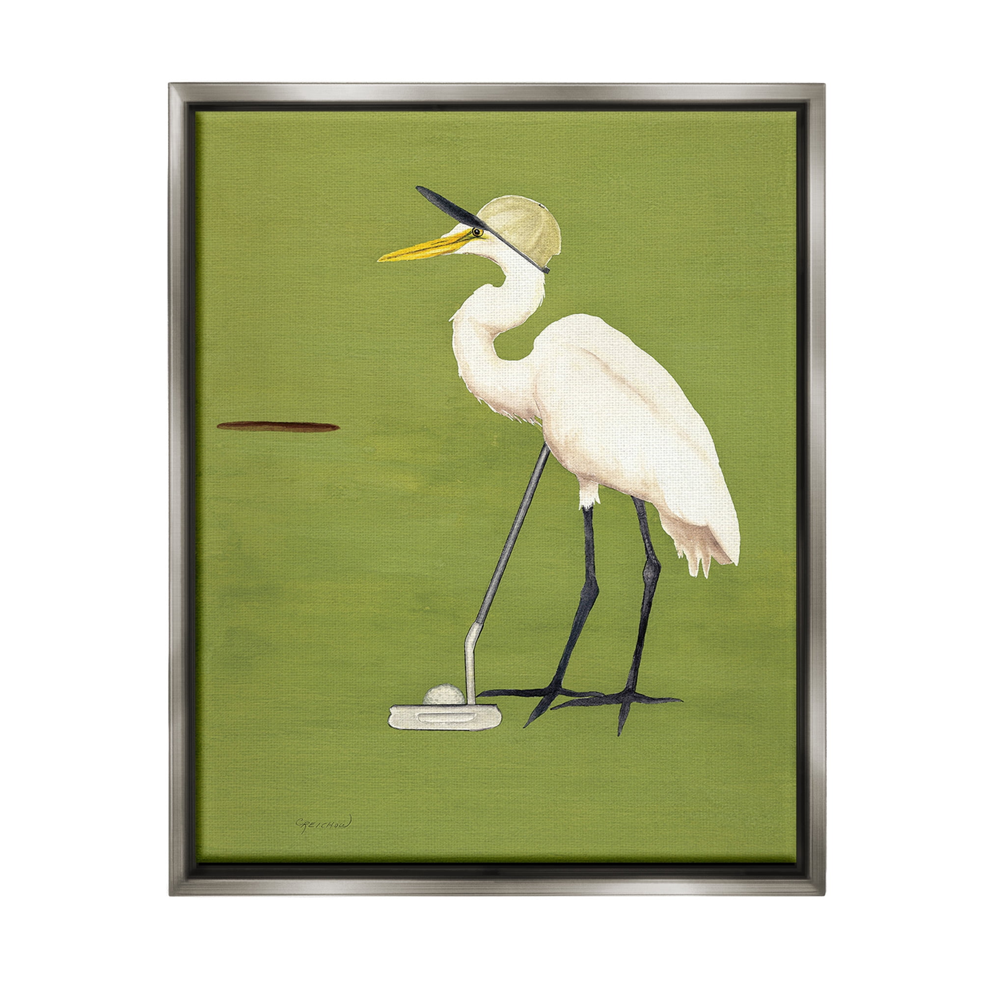 Stupell Industries Golfing Heron Bird Animals & Insects Painting Gray Floater Framed Canvas Art Print Wall Art, 25 x 31