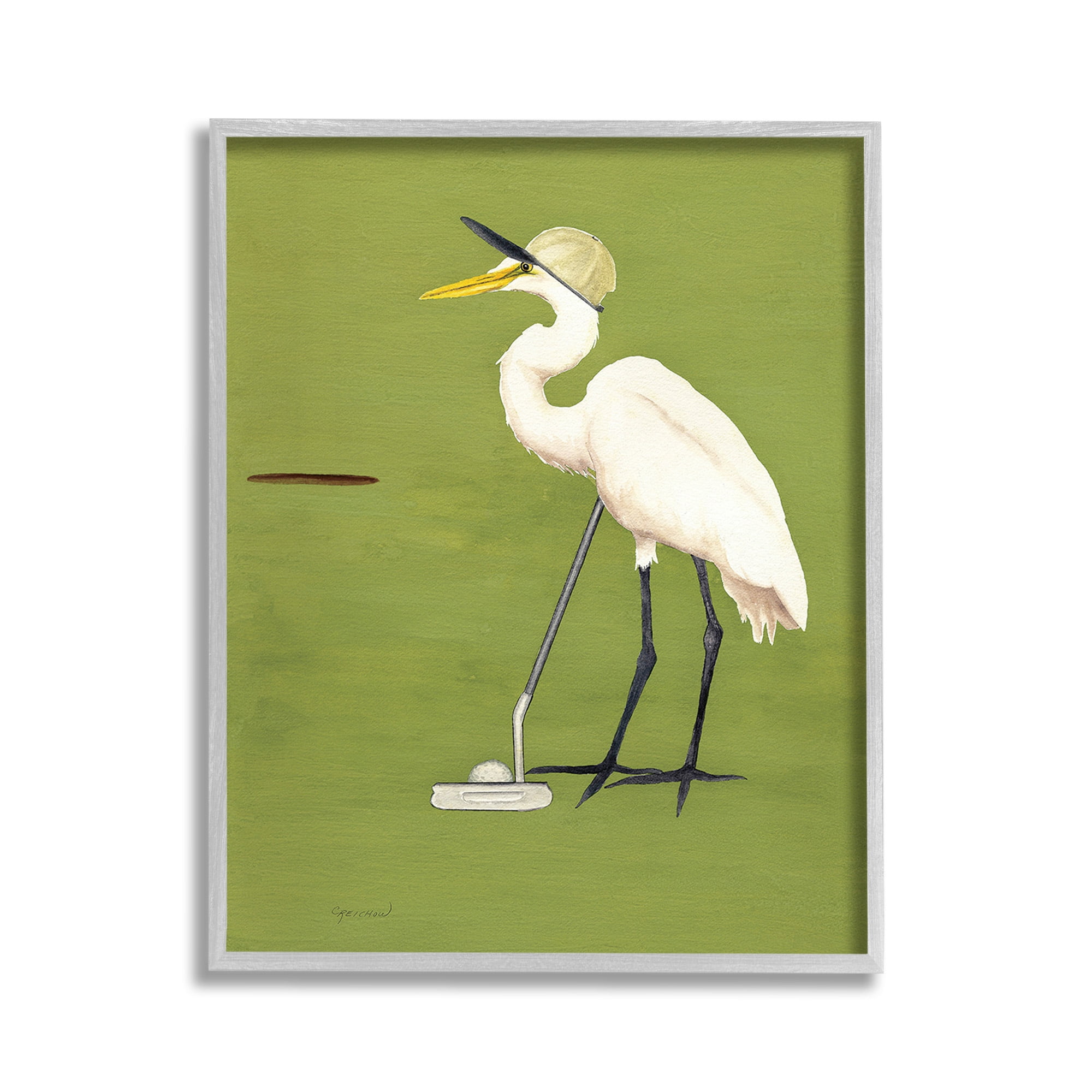 Stupell Industries Golfing Heron Bird Animals & Insects Painting Gray Framed Art Print Wall Art, 11 x 14