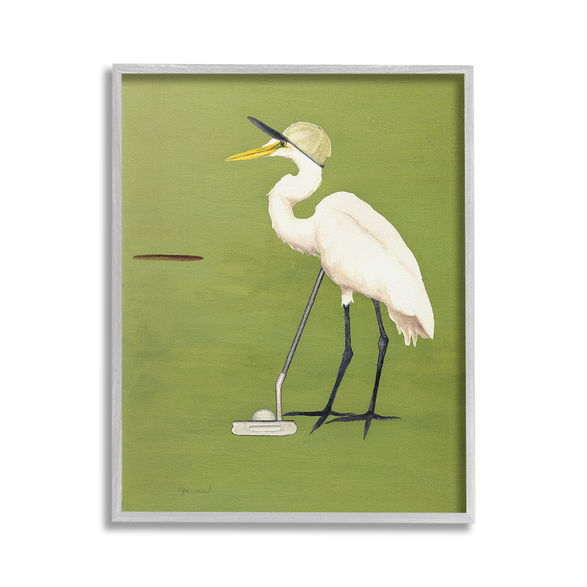 Stupell Industries Golfing Heron Bird Animals & Insects Painting Gray Framed Art Print Wall Art, 24 x 30