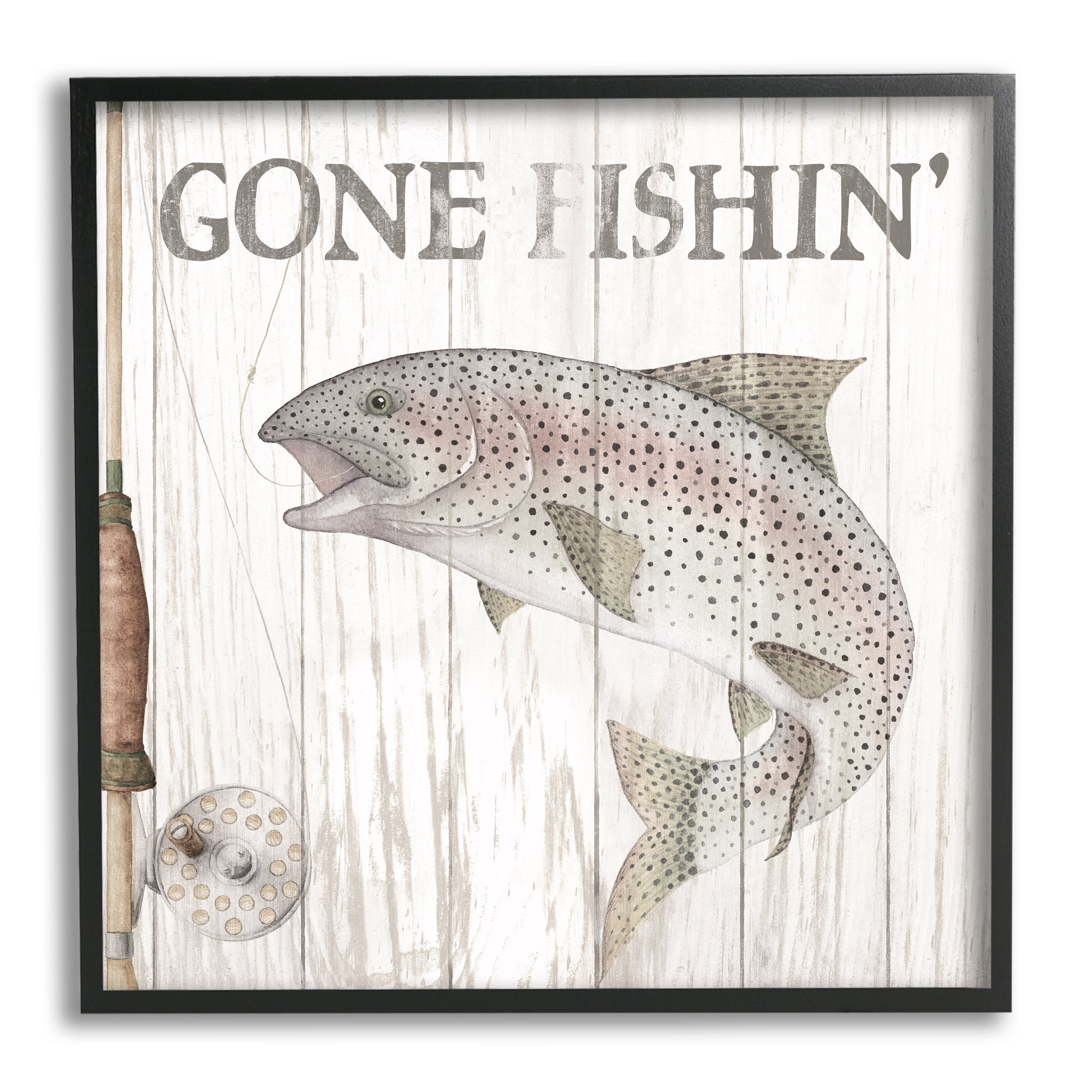 Stupell Industries Gone Fishin' Rustic Angler Animals & Insects Painting Black Framed Art Print Wall Art, 24 x 24