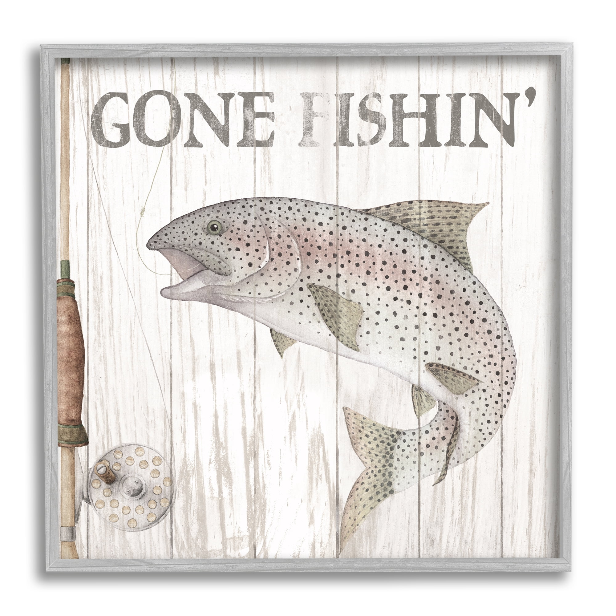 Stupell Industries Gone Fishin' Rustic Angler Animals & Insects Painting Gray Framed Art Print Wall Art, 17 x 17