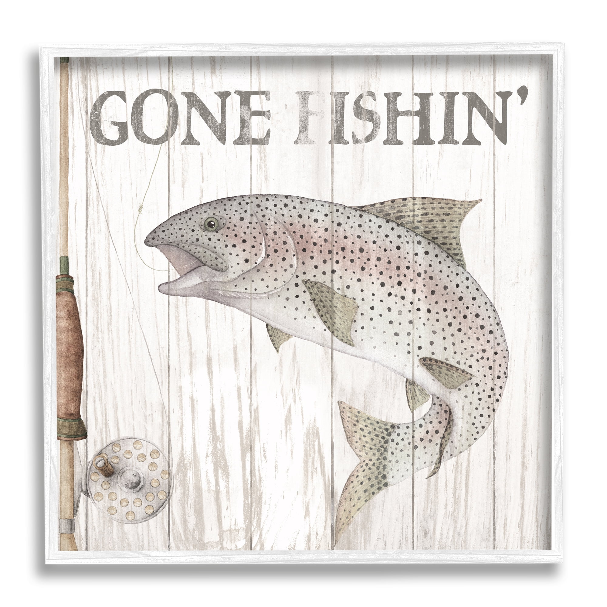 Stupell Industries Gone Fishin' Rustic Angler Animals & Insects Painting White Framed Art Print Wall Art, 24 x 24