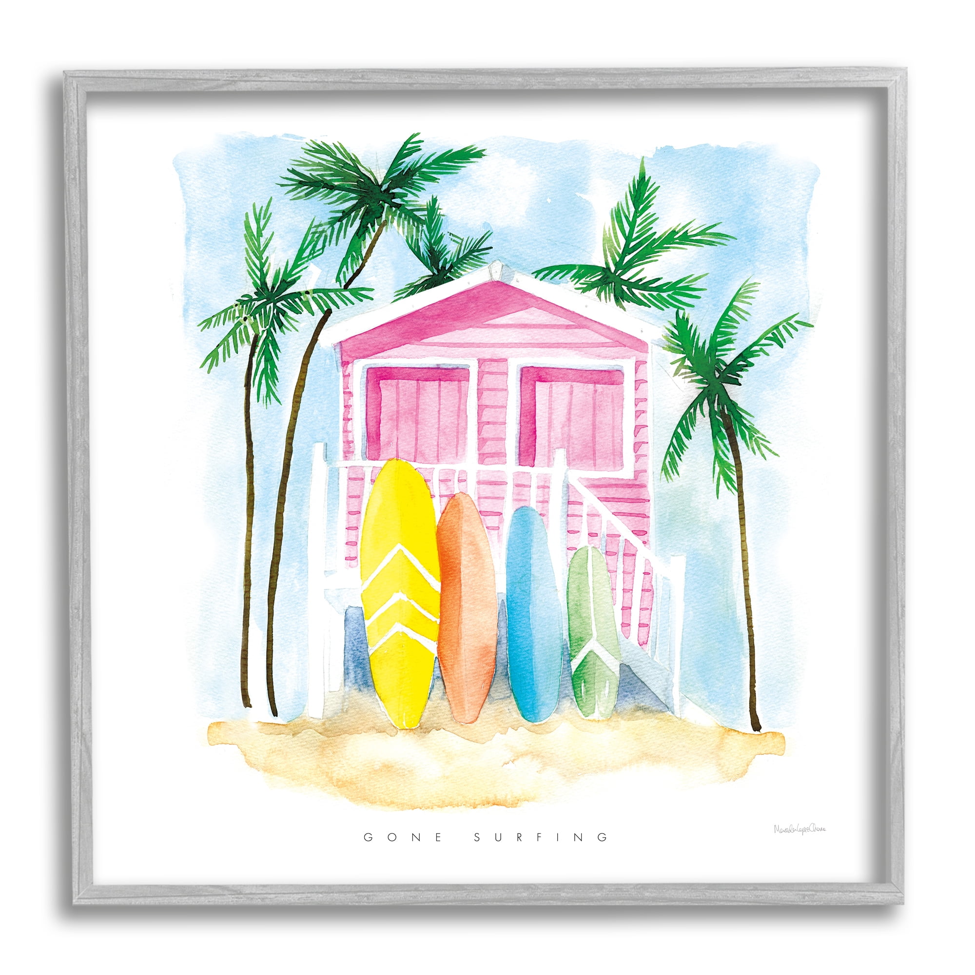Stupell Industries Gone Surfing Tropical Phrase Pink Beach House Nature Painting Gray Framed Art Print Wall Art, 12 x 12