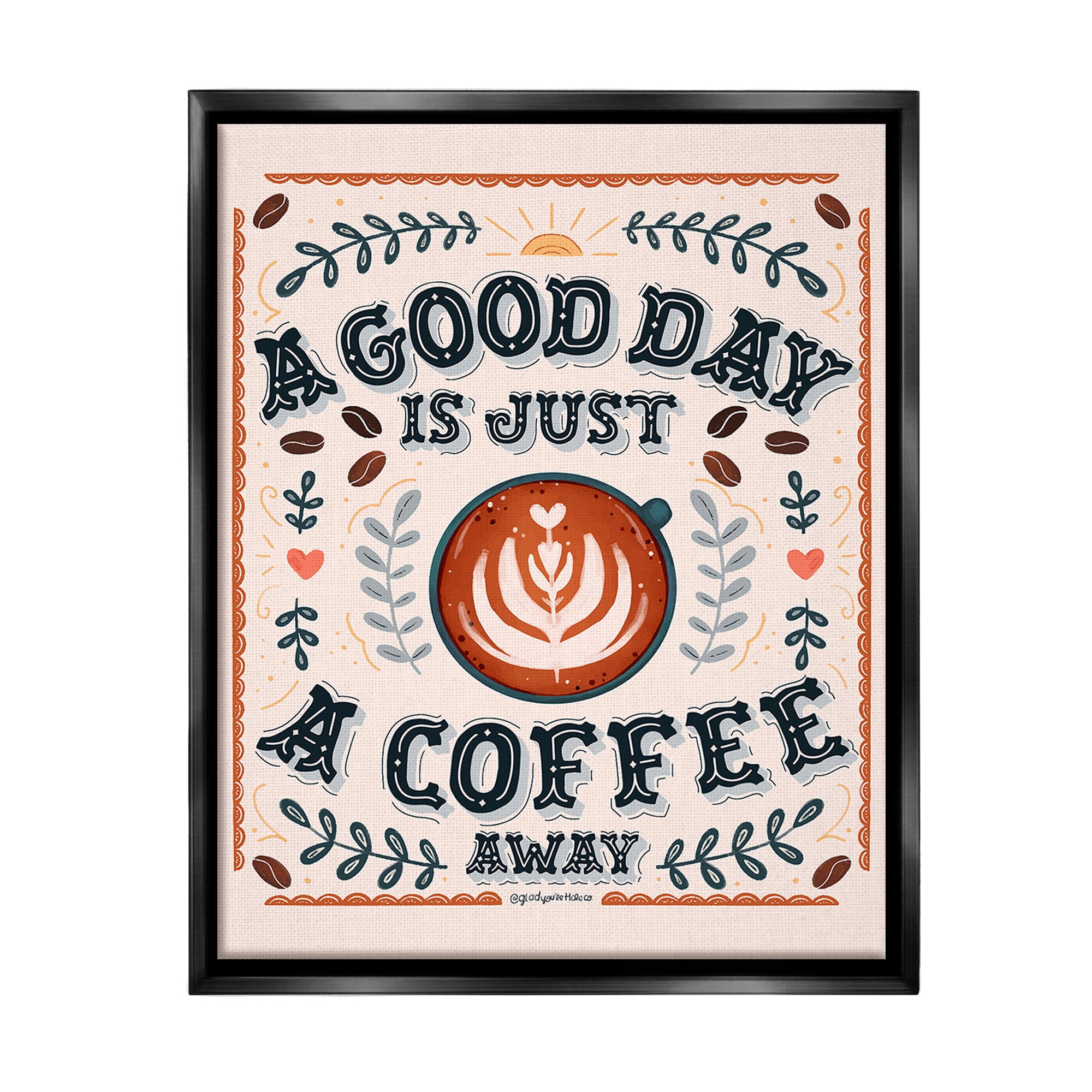 Stupell Industries Good Day A Coffee Away Food & Beverage Painting Black Floater Framed Canvas Art Print Wall Art, 17 x 21