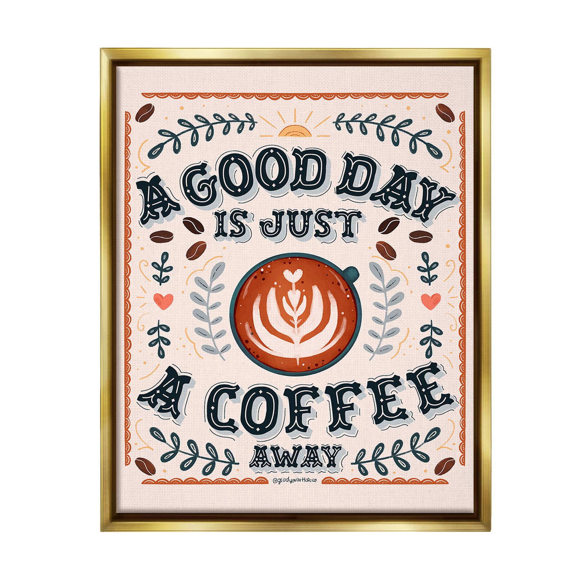 Stupell Industries Good Day A Coffee Away Food & Beverage Painting Gold Floater Framed Canvas Art Print Wall Art, 17 x 21